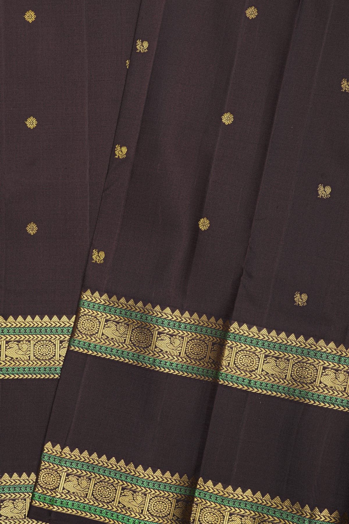 Kancheepuram Silk Brown Saree With Florals And Peacocks Buttis Body And Gap Border
