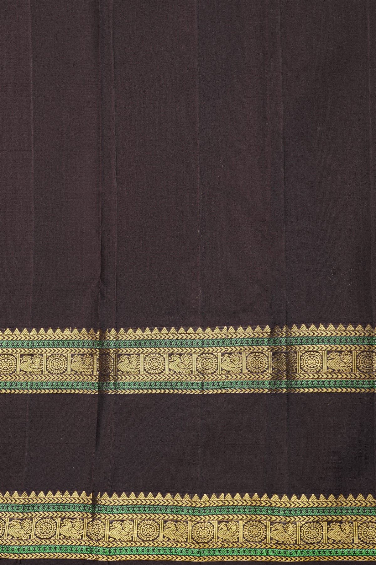 Kancheepuram Silk Brown Saree With Florals And Peacocks Buttis Body And Gap Border