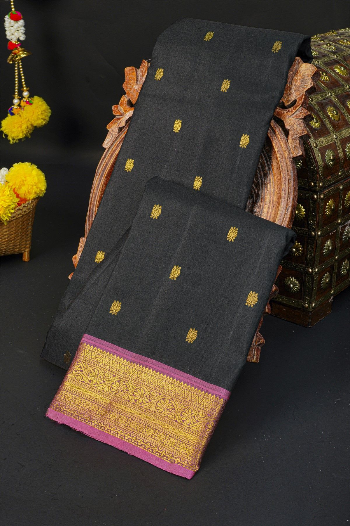 Kancheepuram Silk Black Saree With Floral Jaal Border