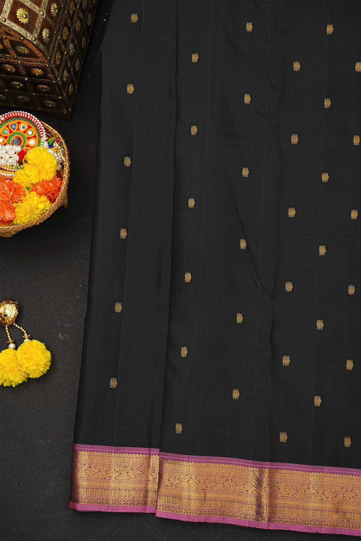 Kancheepuram Silk Black Saree With Floral Jaal Border