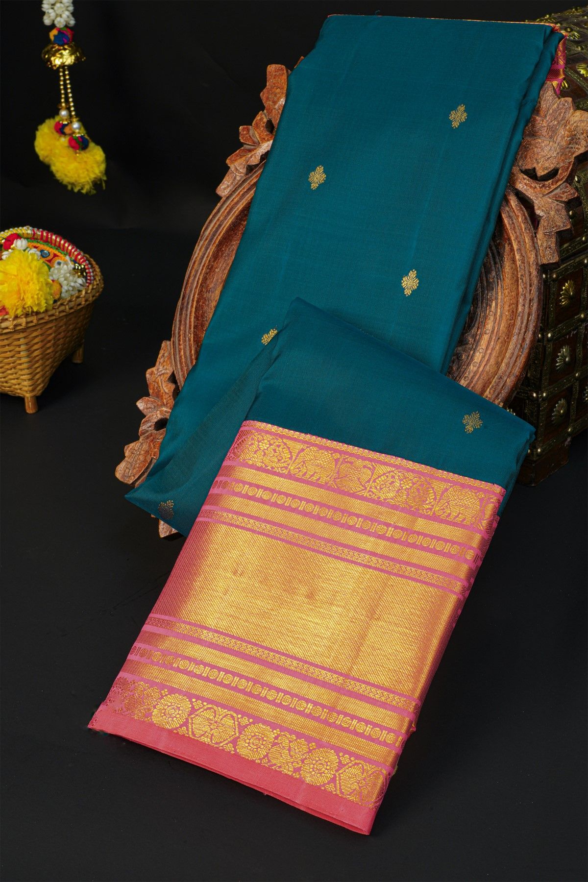 Kancheepuram Silk Teal Blue Saree With Cross Lines And Florals Border