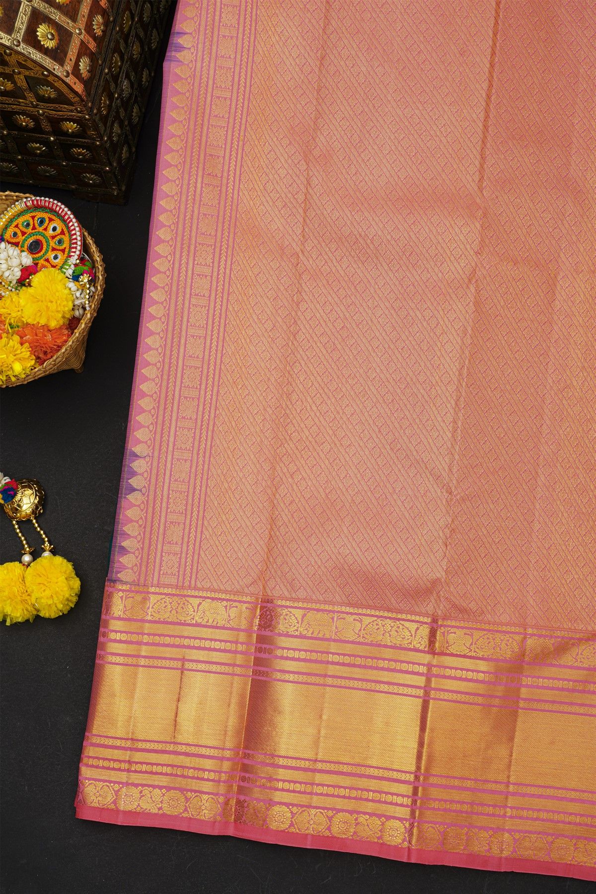 Kancheepuram Silk Teal Blue Saree With Cross Lines And Florals Border