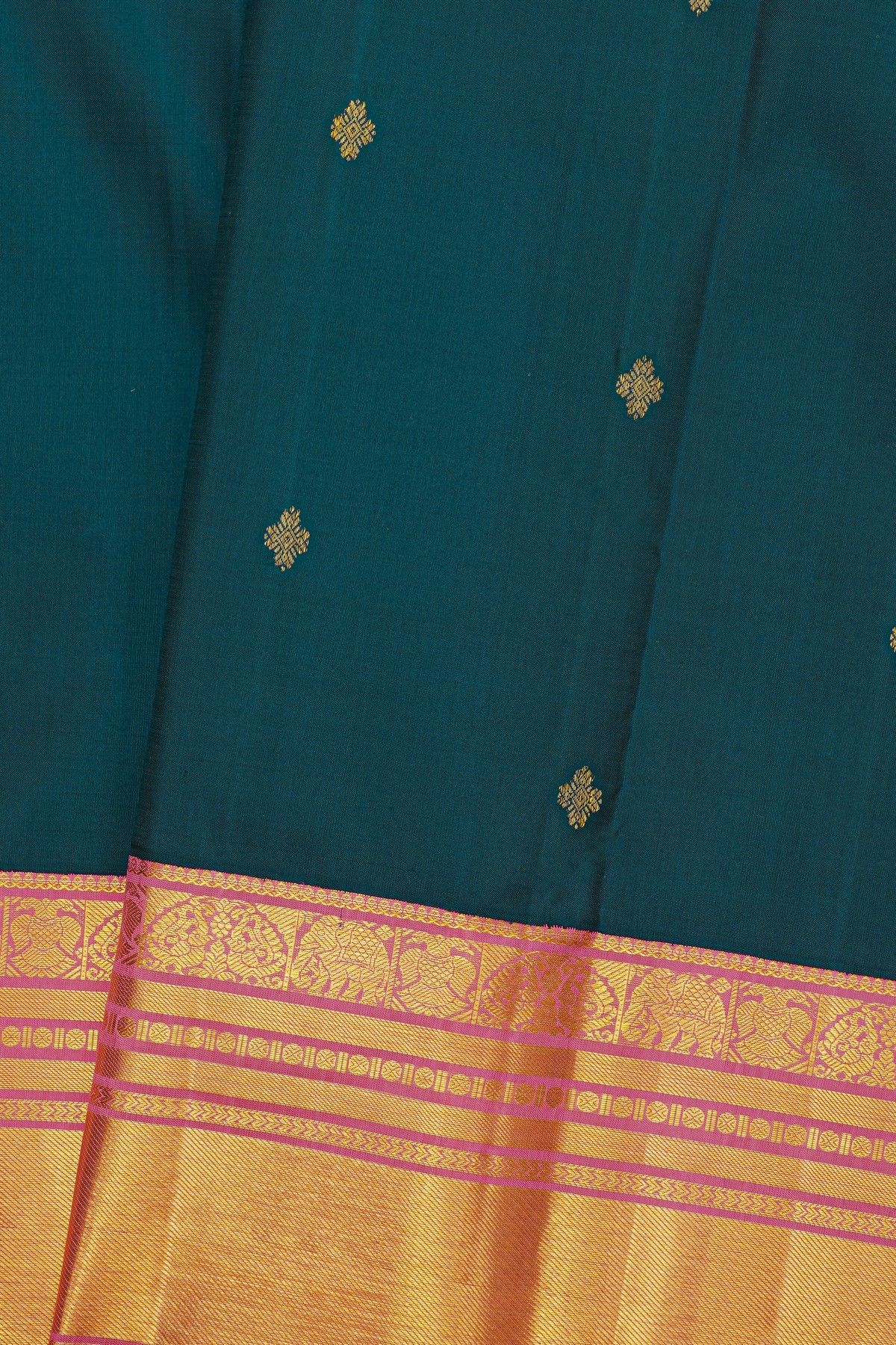 Kancheepuram Silk Teal Blue Saree With Cross Lines And Florals Border