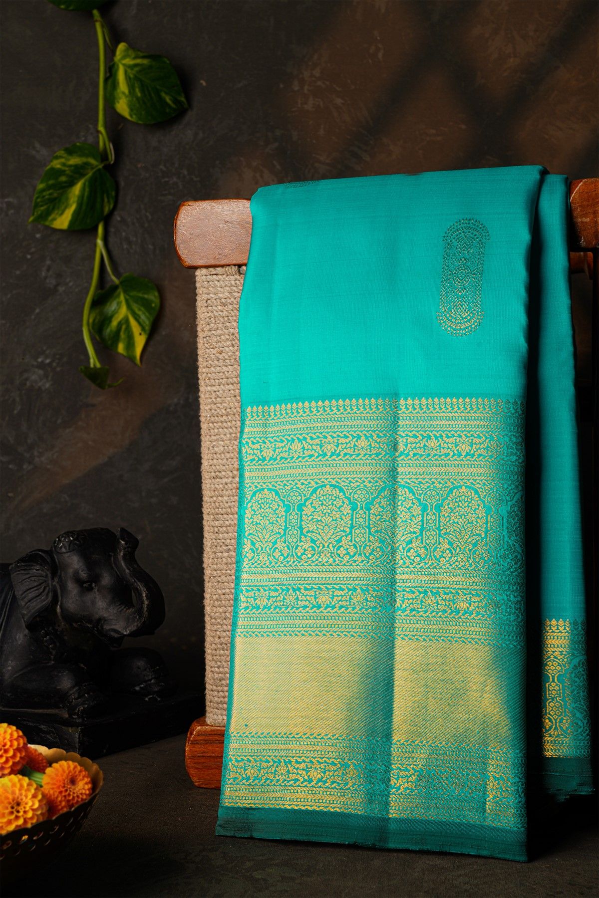 Kancheepuram Silk Rama Blue Saree With Florals And Leaves Buttis Body