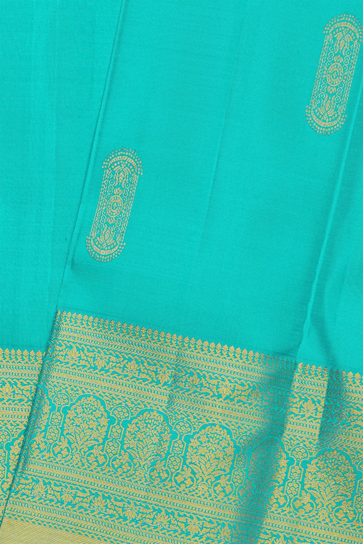 Kancheepuram Silk Rama Blue Saree With Florals And Leaves Buttis Body