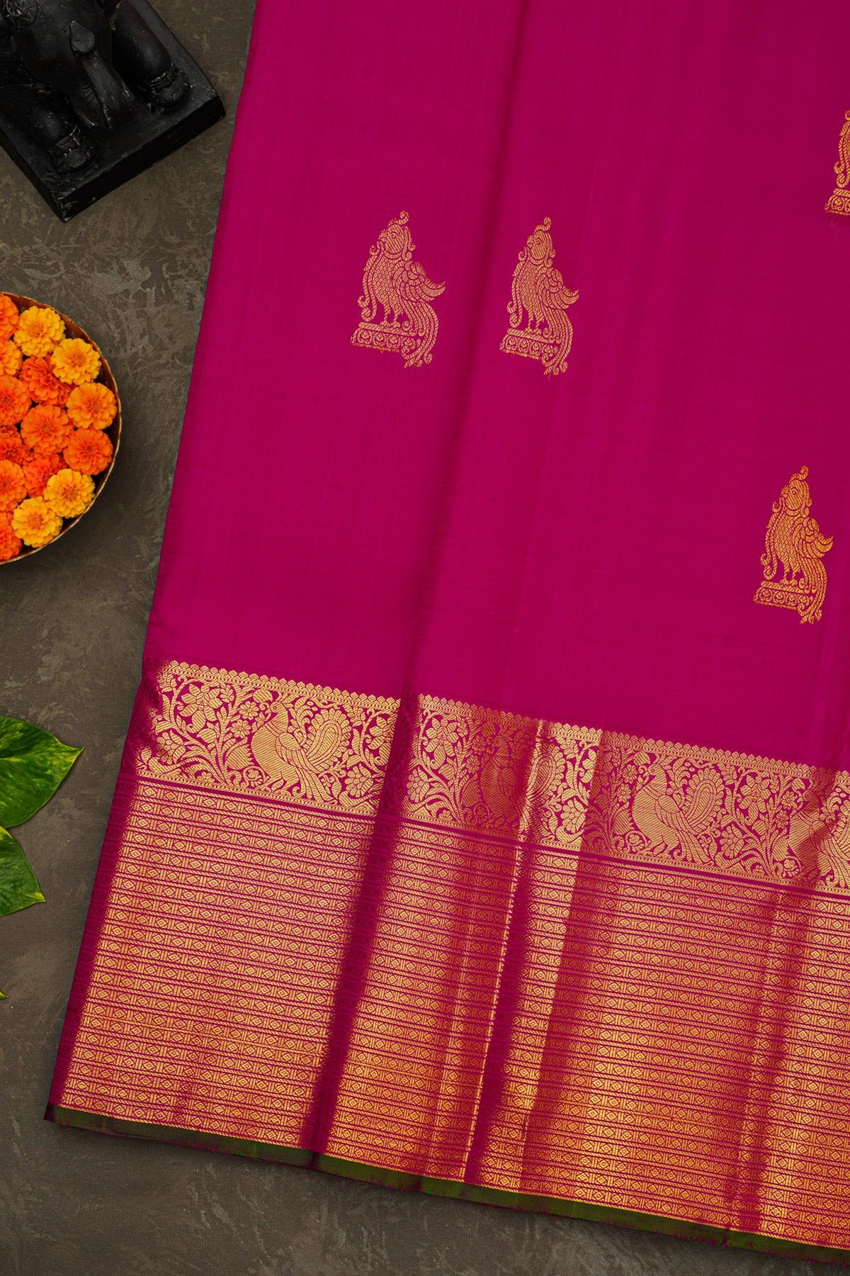 Kancheepuram Silk Rani Pink Saree With Parrot Buttis Body