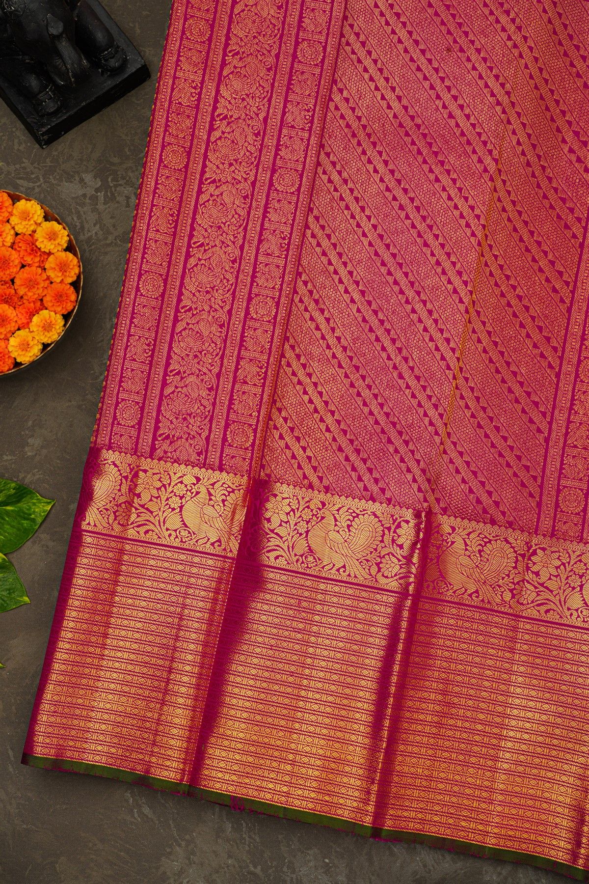 Kancheepuram Silk Rani Pink Saree With Parrot Buttis Body