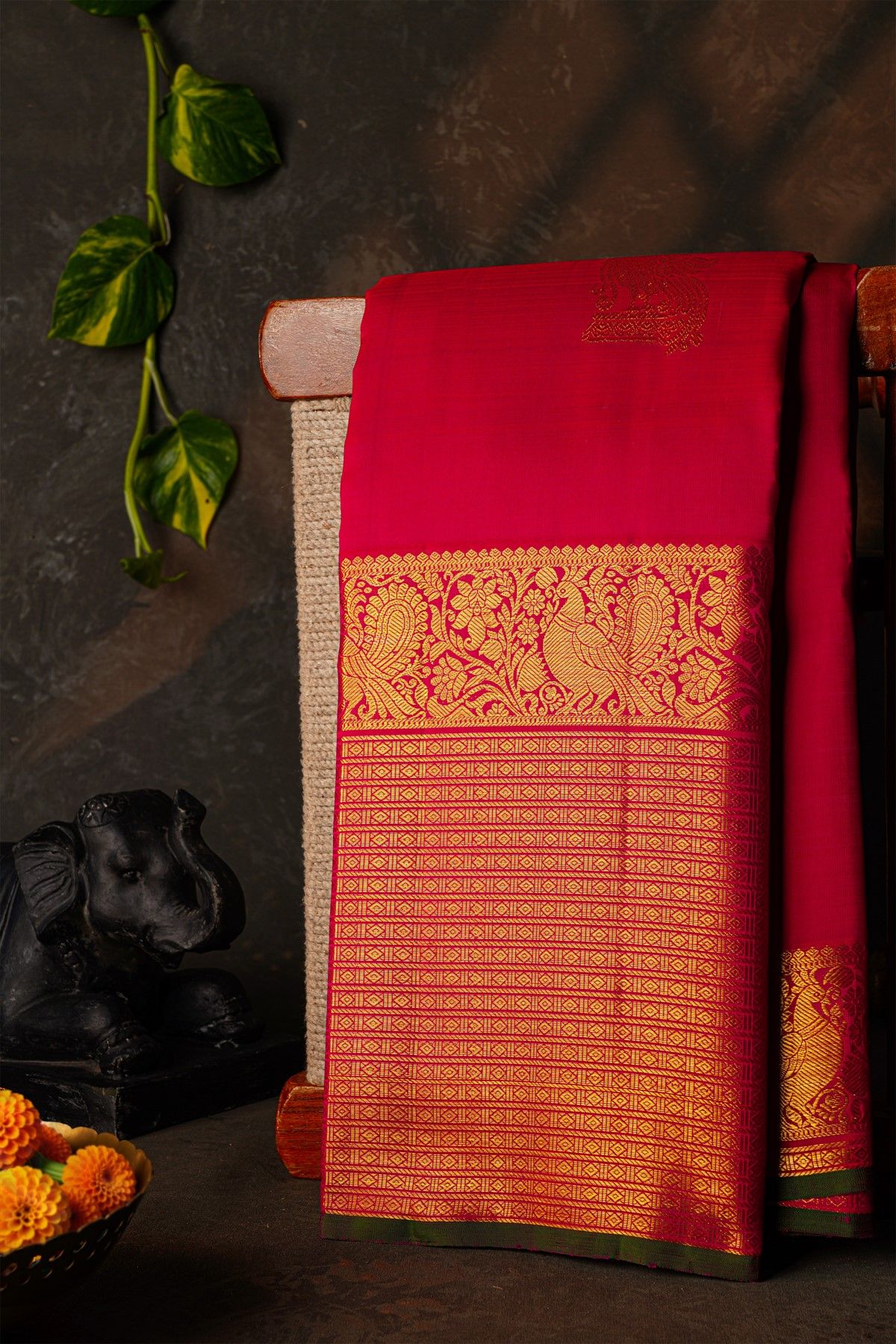 Kancheepuram Silk Red Saree With Floral Leaf And Peacock Border