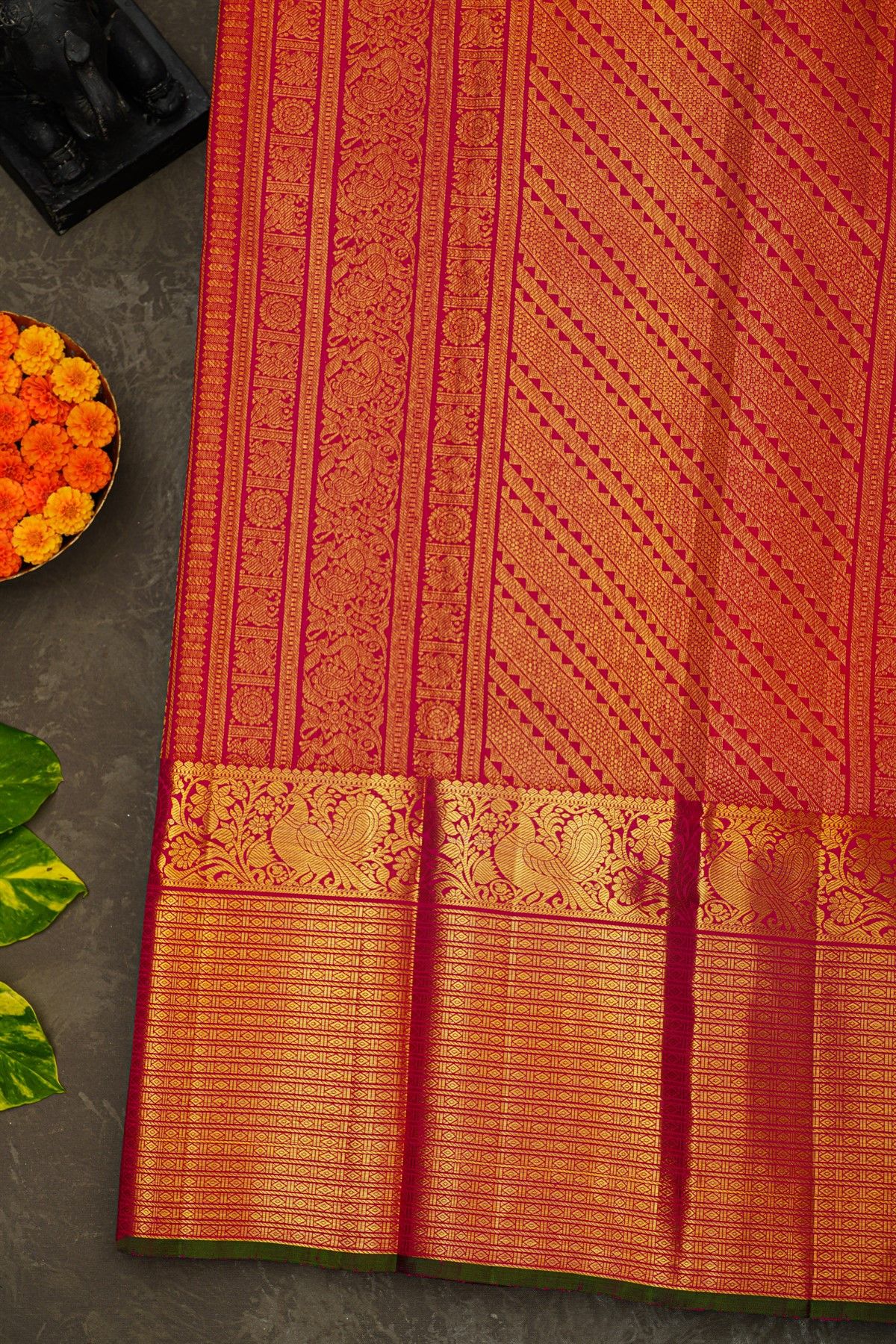 Kancheepuram Silk Red Saree With Floral Leaf And Peacock Border