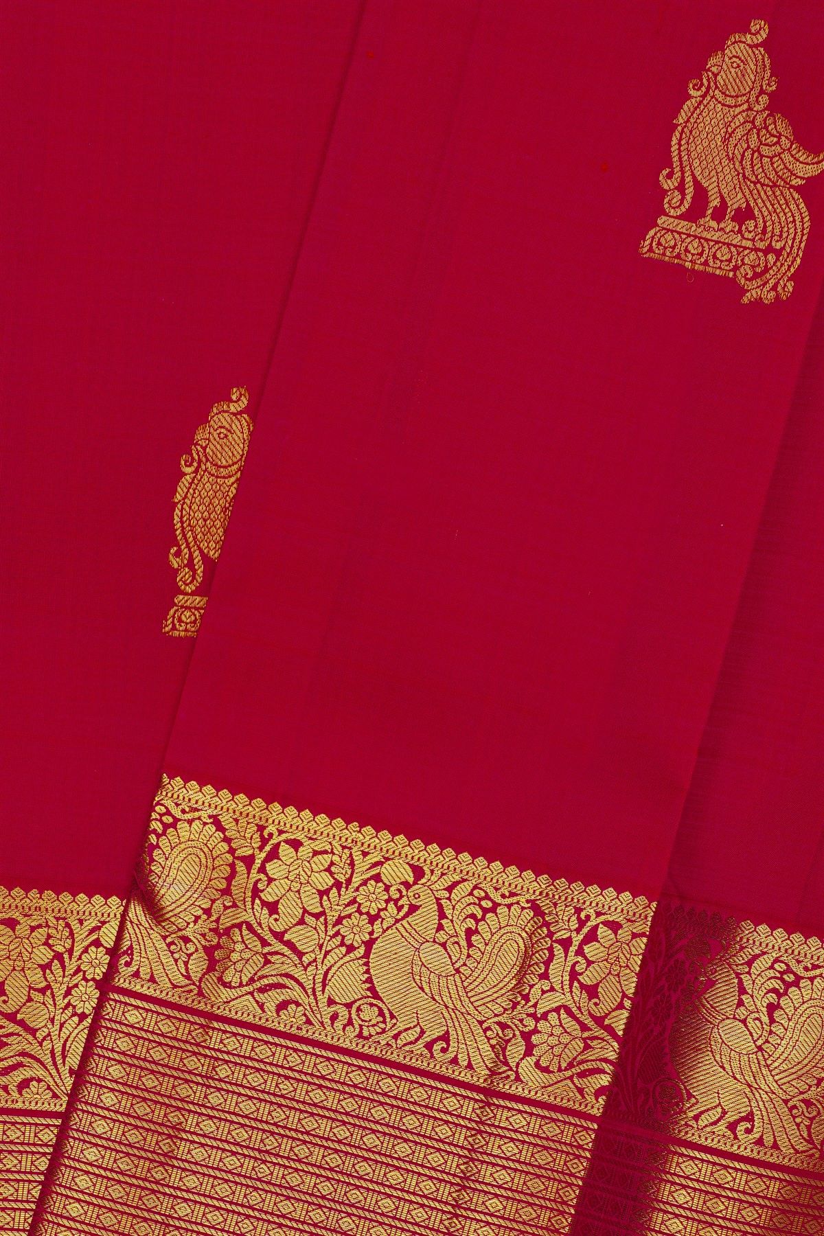 Kancheepuram Silk Red Saree With Floral Leaf And Peacock Border