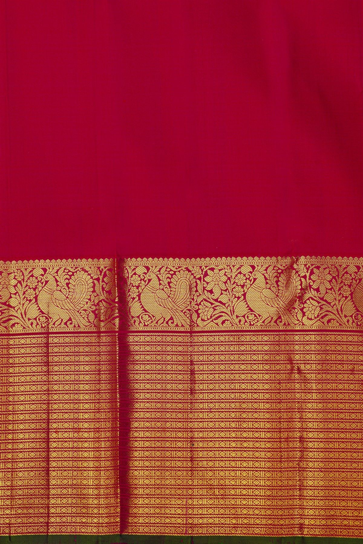 Kancheepuram Silk Red Saree With Floral Leaf And Peacock Border