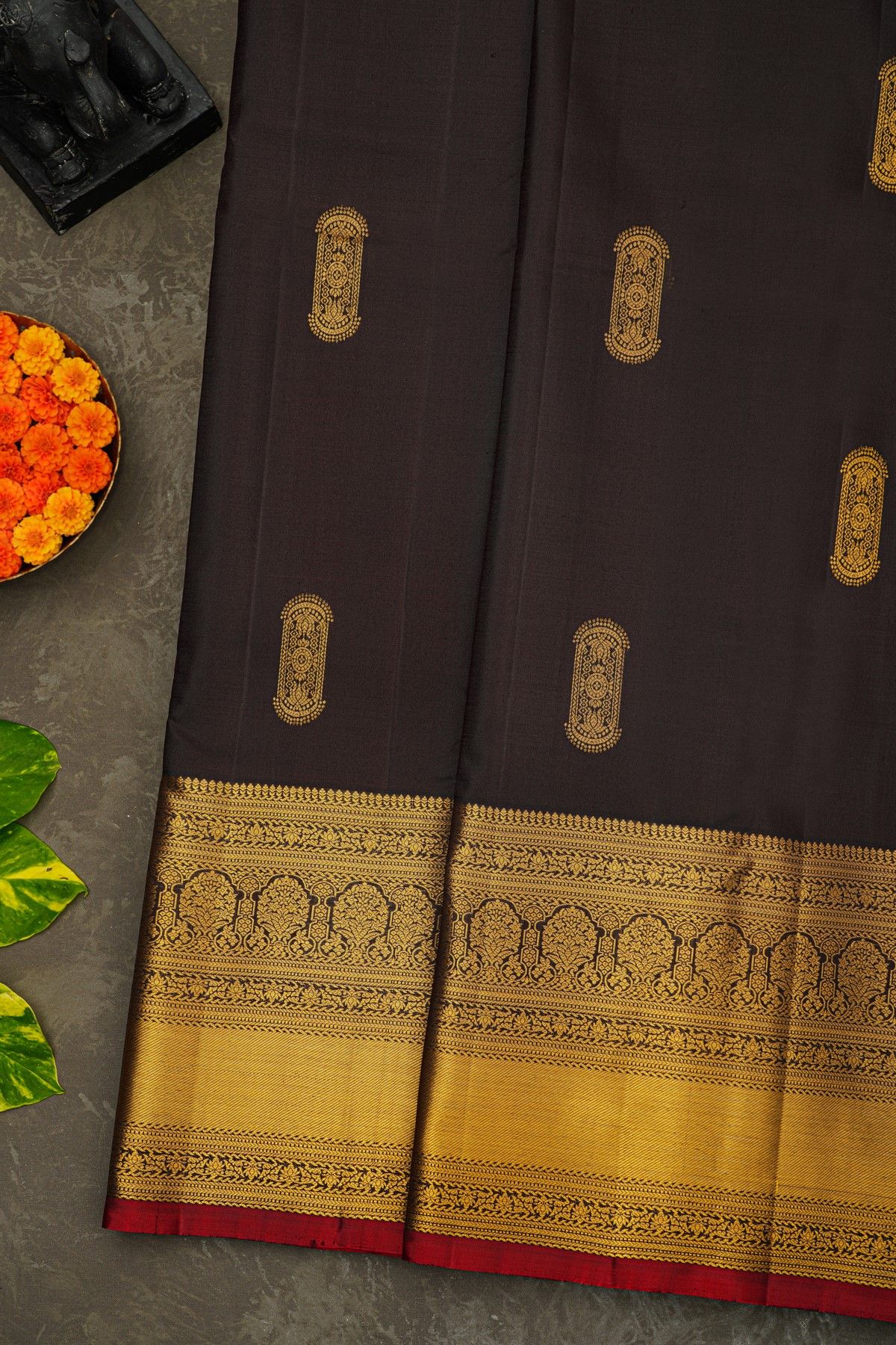 Kancheepuram Silk Black Saree With Florals And Buttis Body