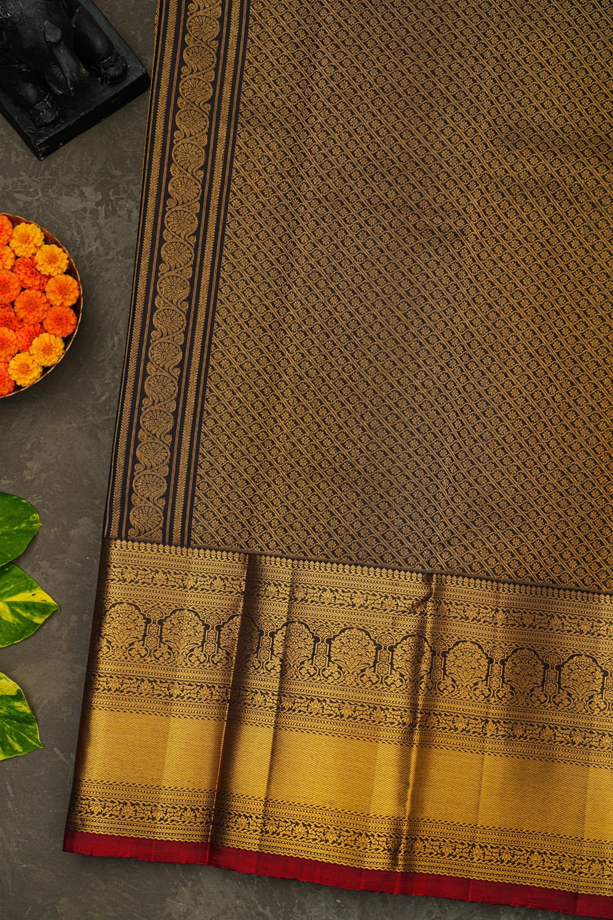 Kancheepuram Silk Black Saree With Florals And Buttis Body