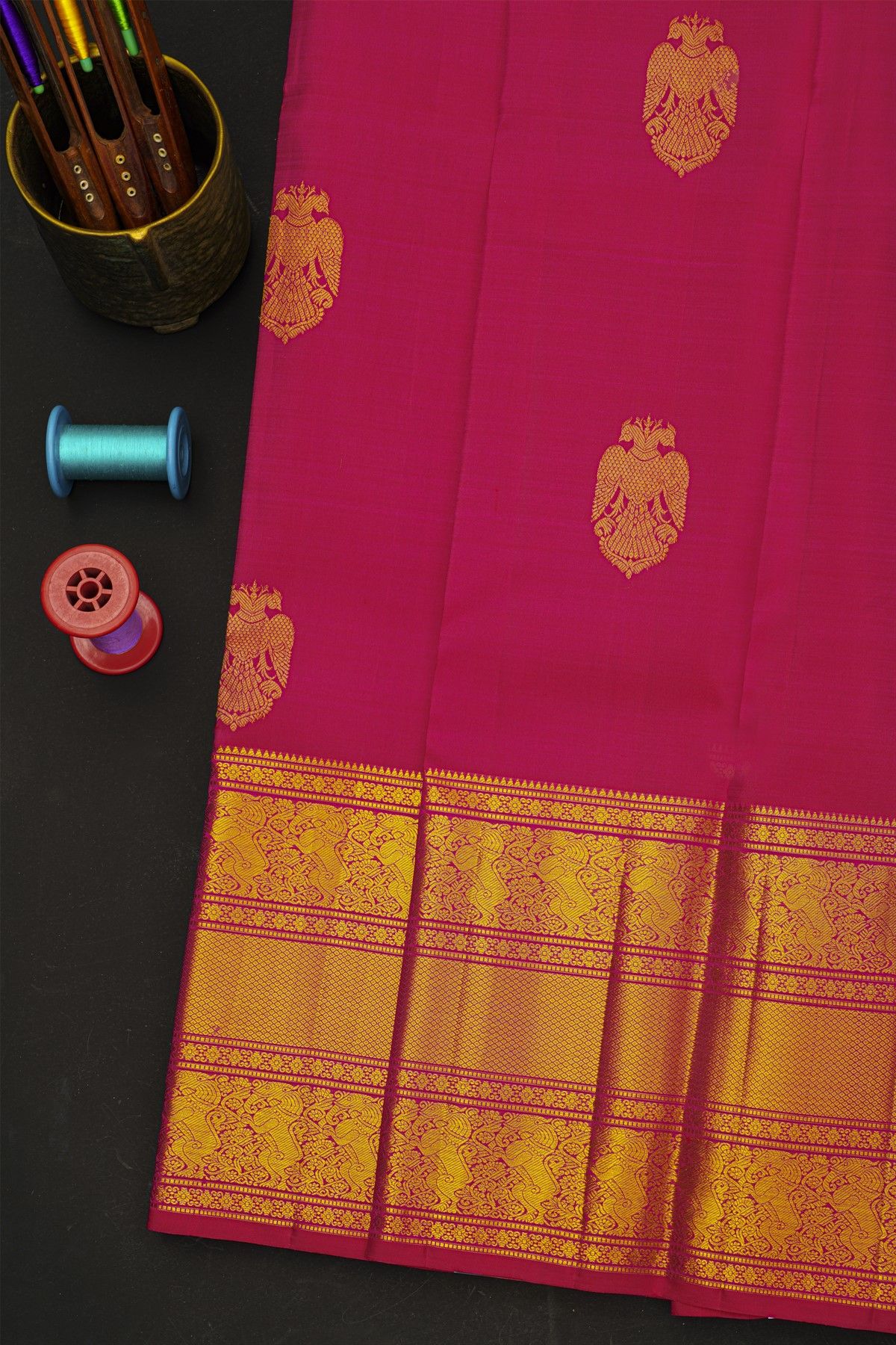 Kancheepuram Silk Reddish Pink Saree With Gandaberunda Buttis Body