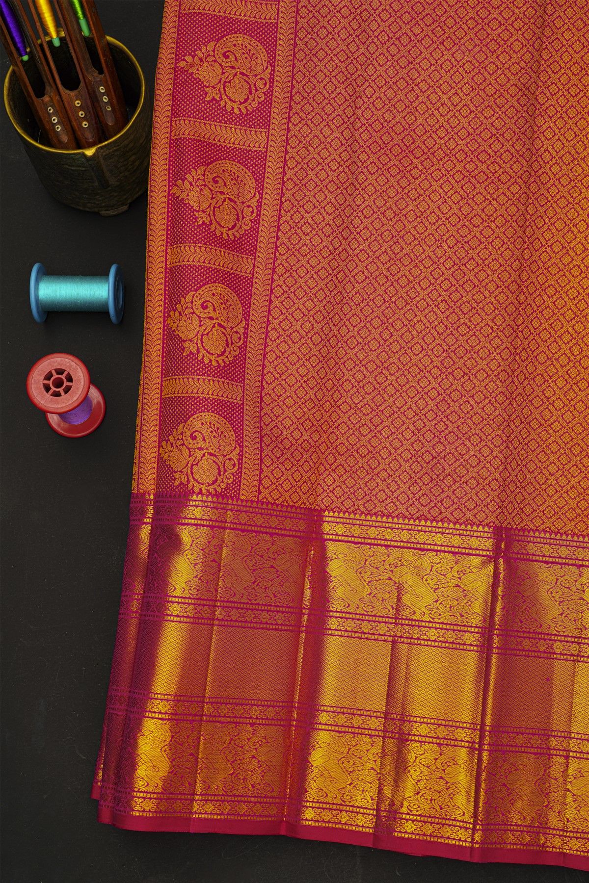 Kancheepuram Silk Reddish Pink Saree With Gandaberunda Buttis Body