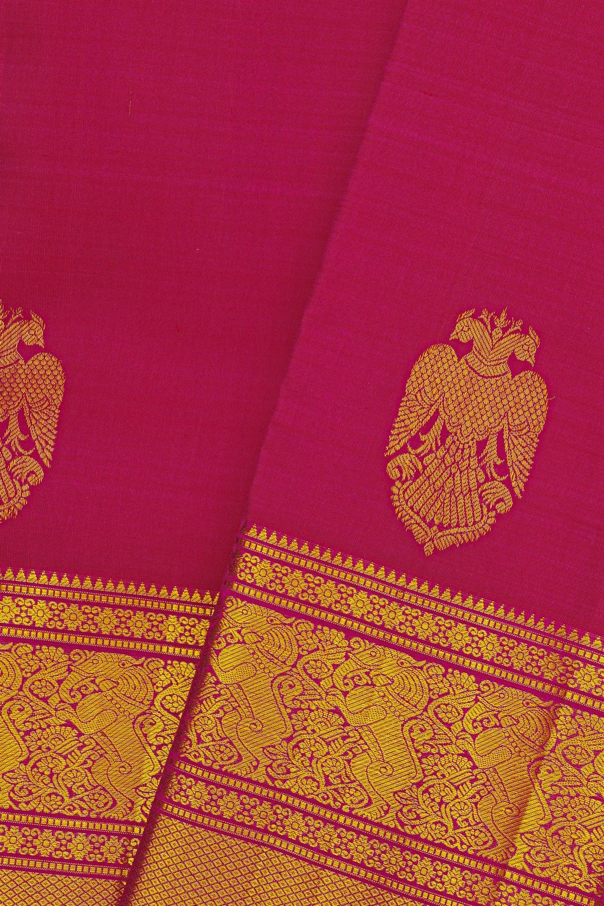 Kancheepuram Silk Reddish Pink Saree With Gandaberunda Buttis Body