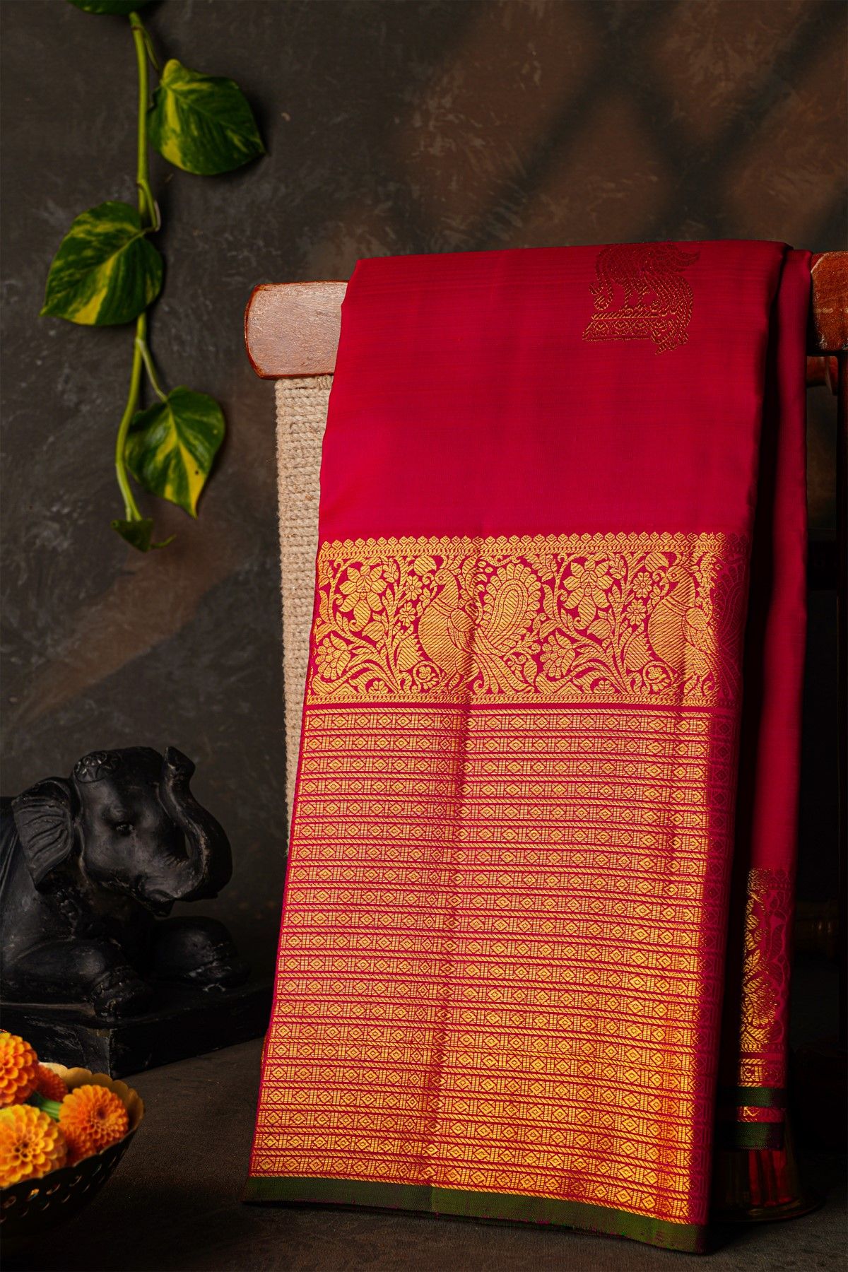 Kancheepuram Silk Red Saree With Parrot Buttis Body