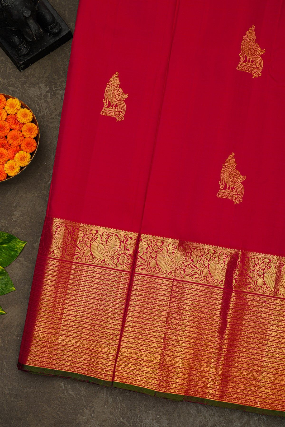 Kancheepuram Silk Red Saree With Parrot Buttis Body