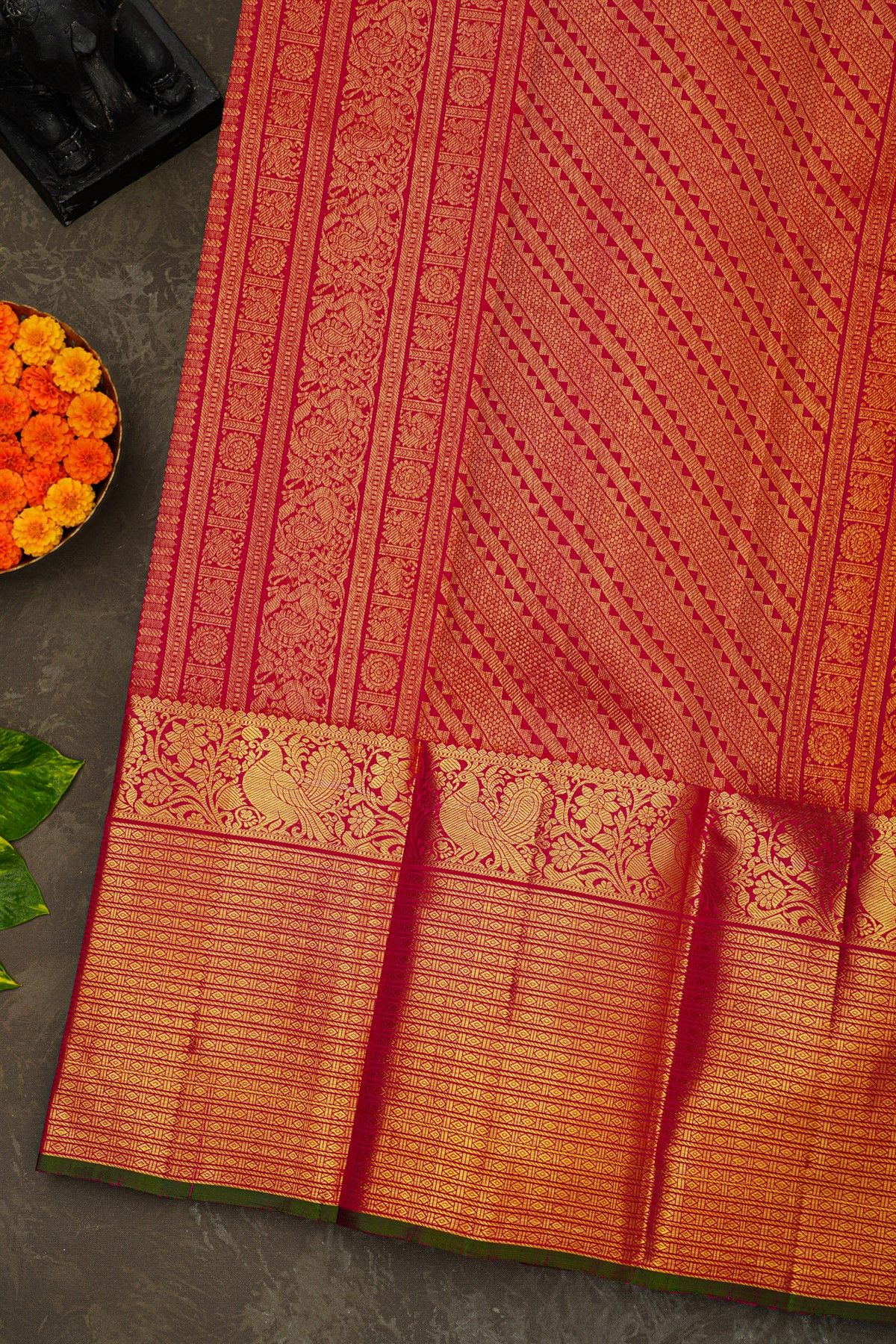 Kancheepuram Silk Red Saree With Parrot Buttis Body