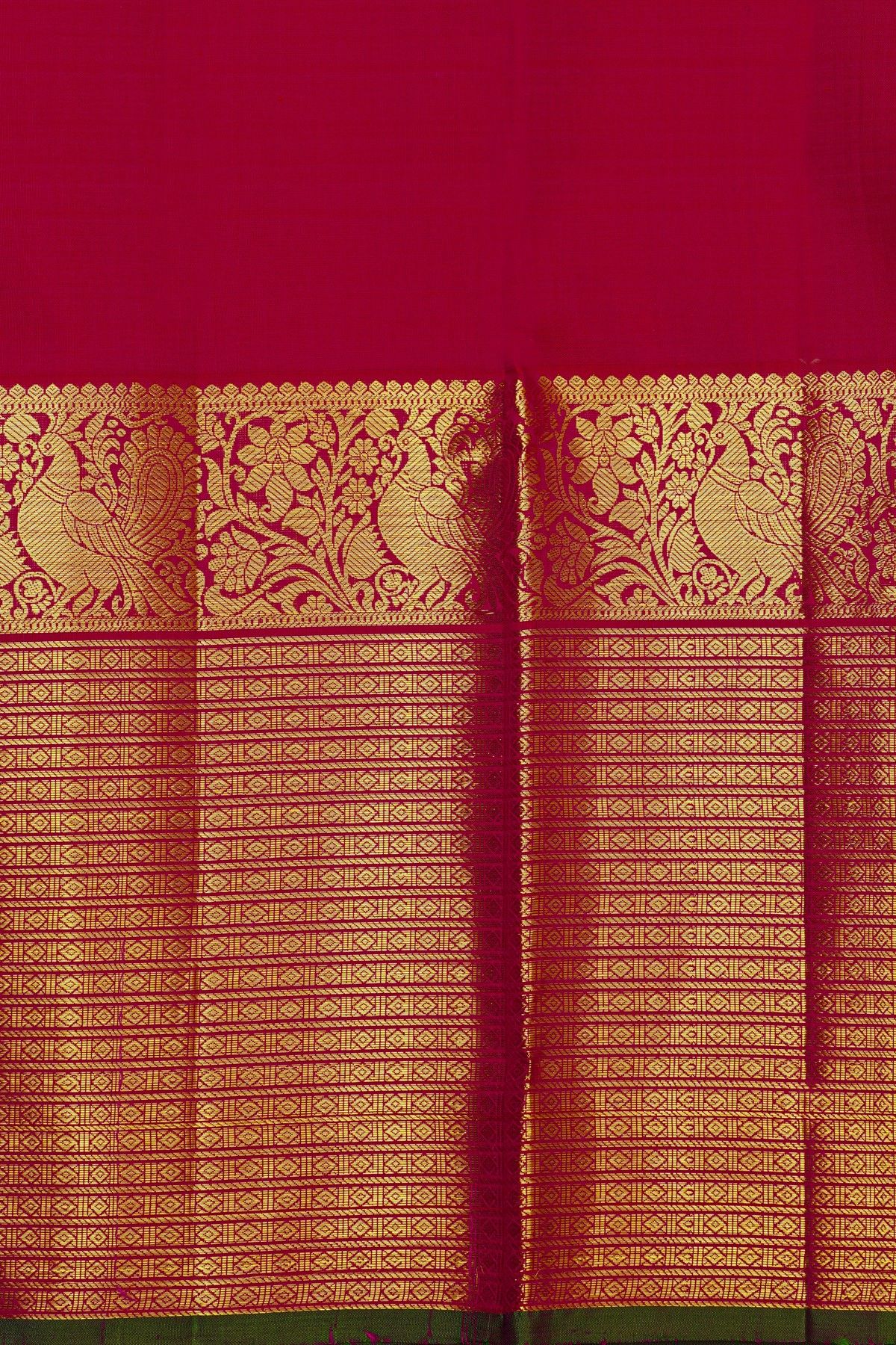 Kancheepuram Silk Red Saree With Parrot Buttis Body