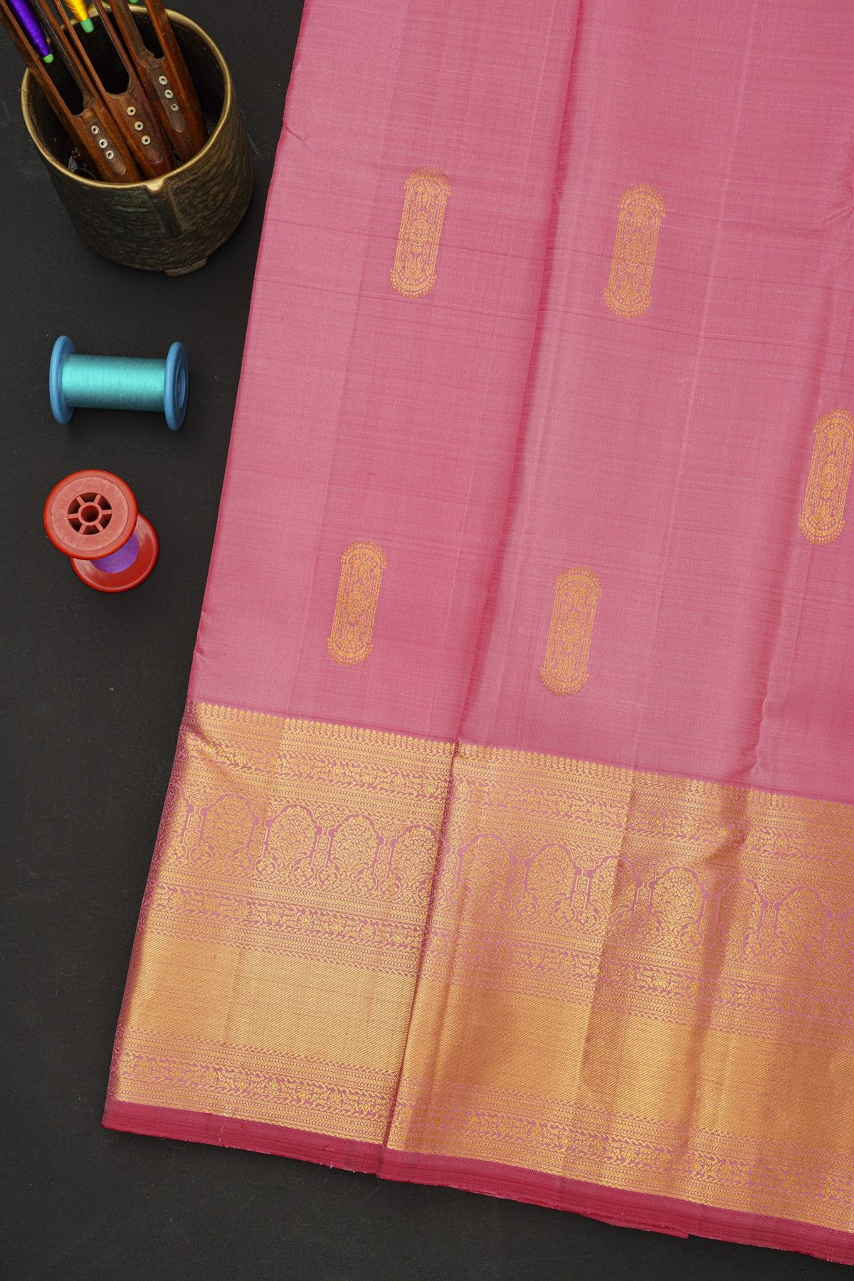 Kancheepuram Silk Baby Pink Saree With Florals And Buttis Body