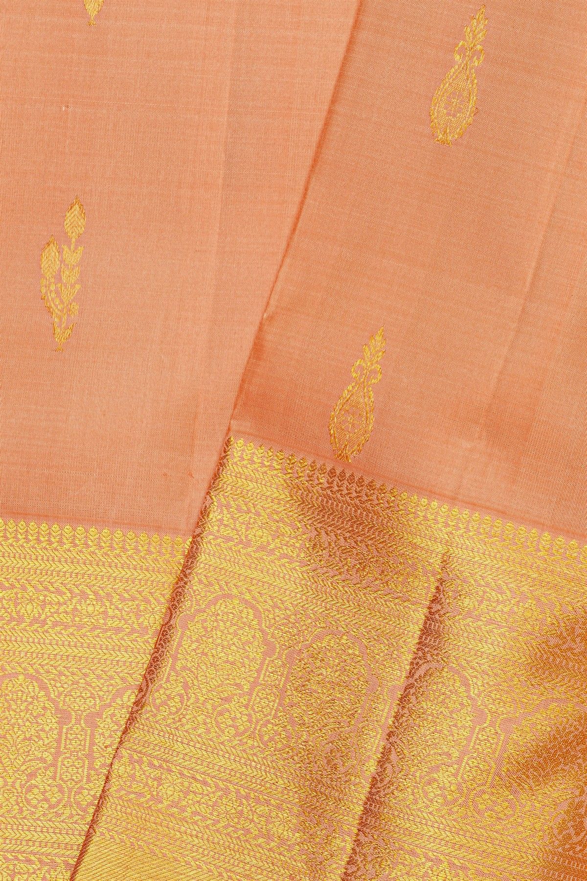 Kancheepuram Silk Peach Saree With Florals And Buttis Body