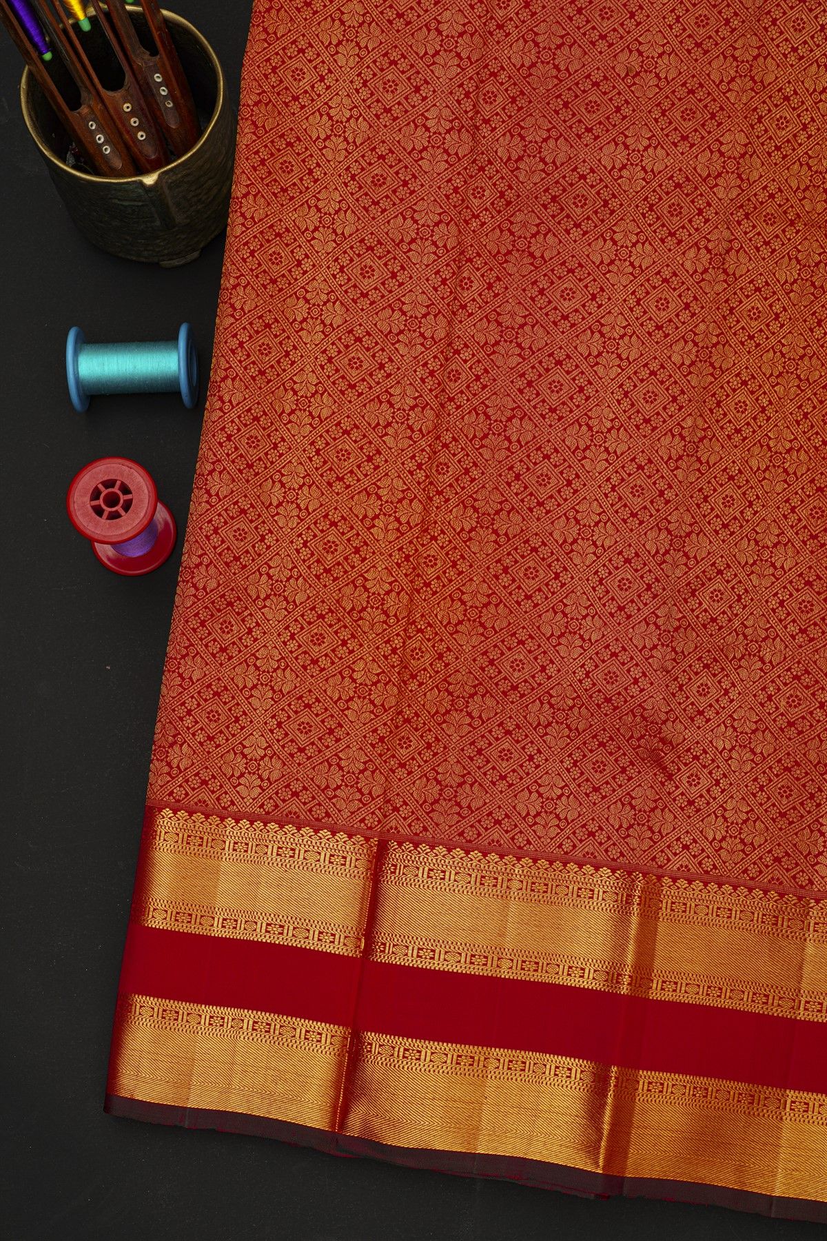 Kancheepuram Silk Red Saree With Florals And Peacock Buttis Body