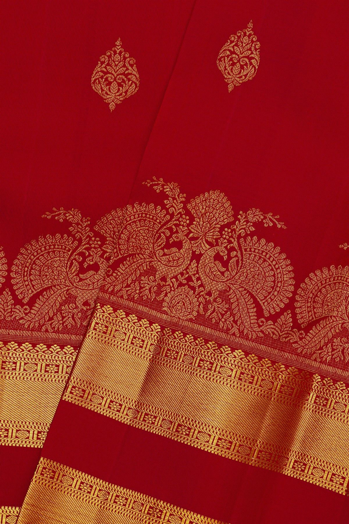 Kancheepuram Silk Red Saree With Florals And Peacock Buttis Body