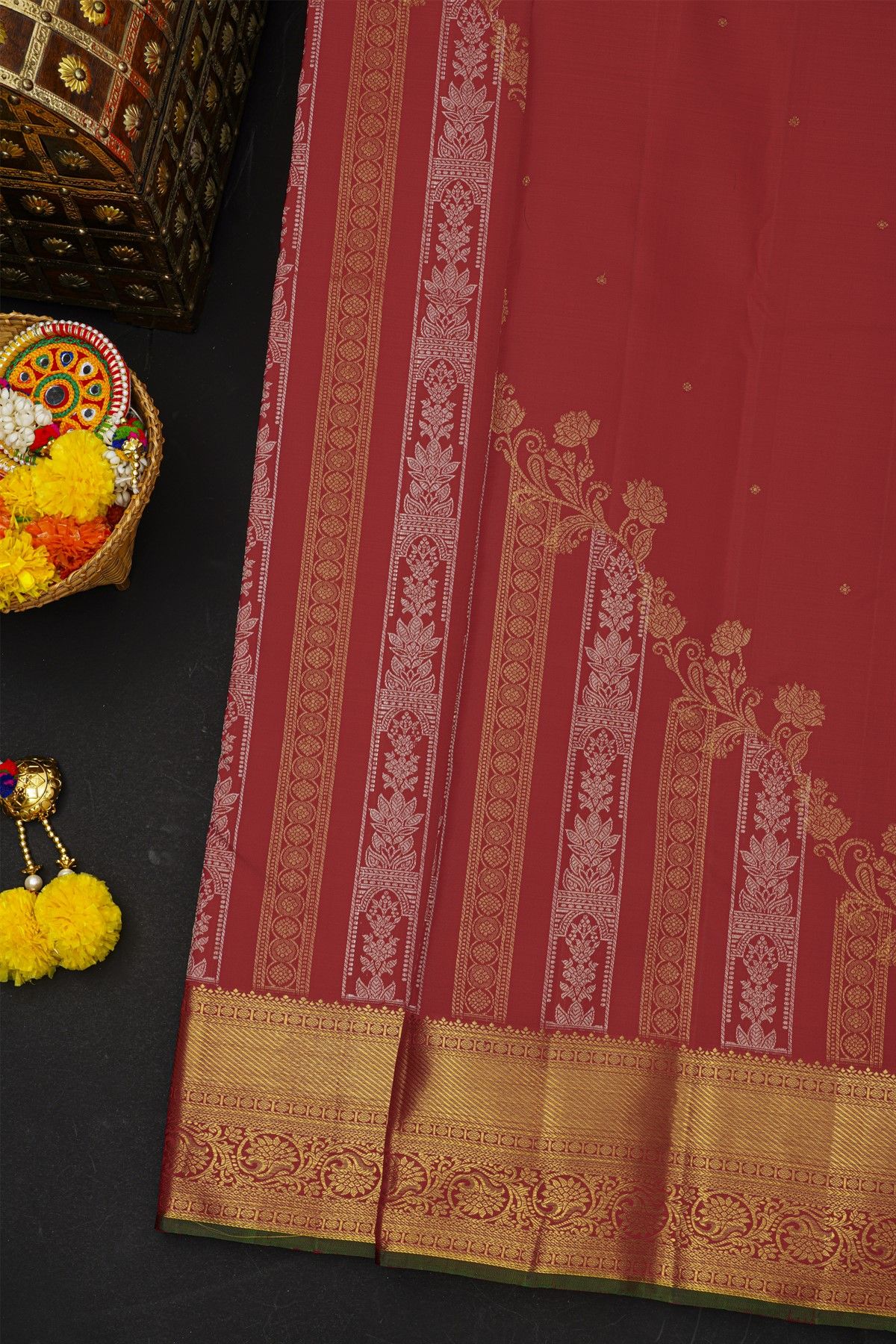 Kancheepuram Silk Burgundy Saree With Florals And Leaves In Lines Body Zari Turning Weave