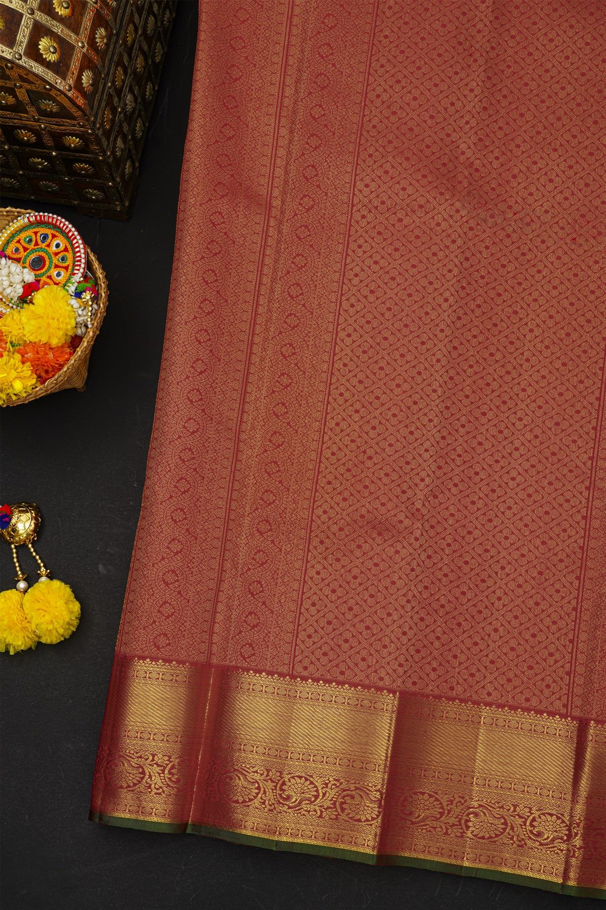 Kancheepuram Silk Burgundy Saree With Florals And Leaves In Lines Body Zari Turning Weave