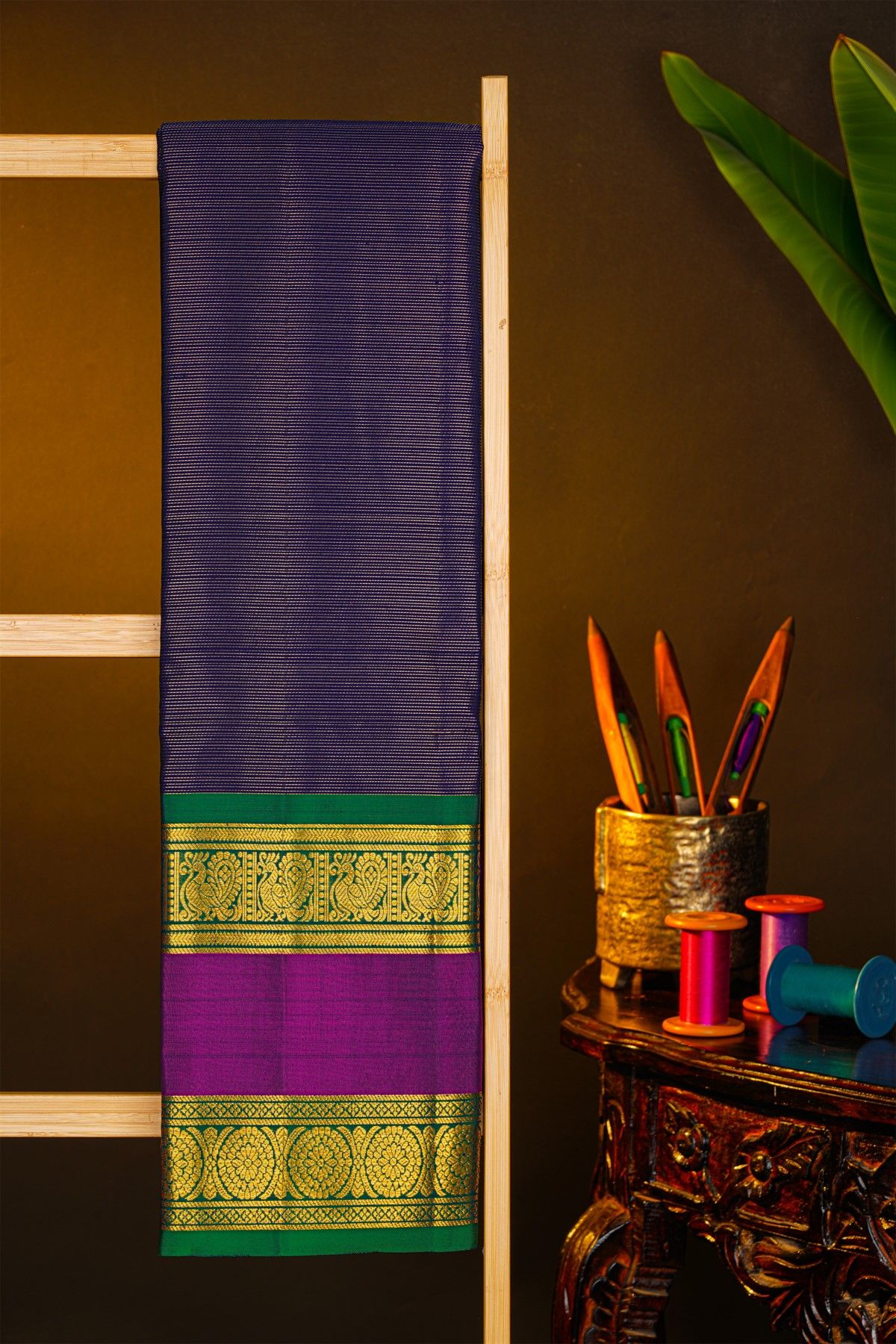 Kancheepuram Silk Navy Blue Saree With Zari Lines Body And Gap Border