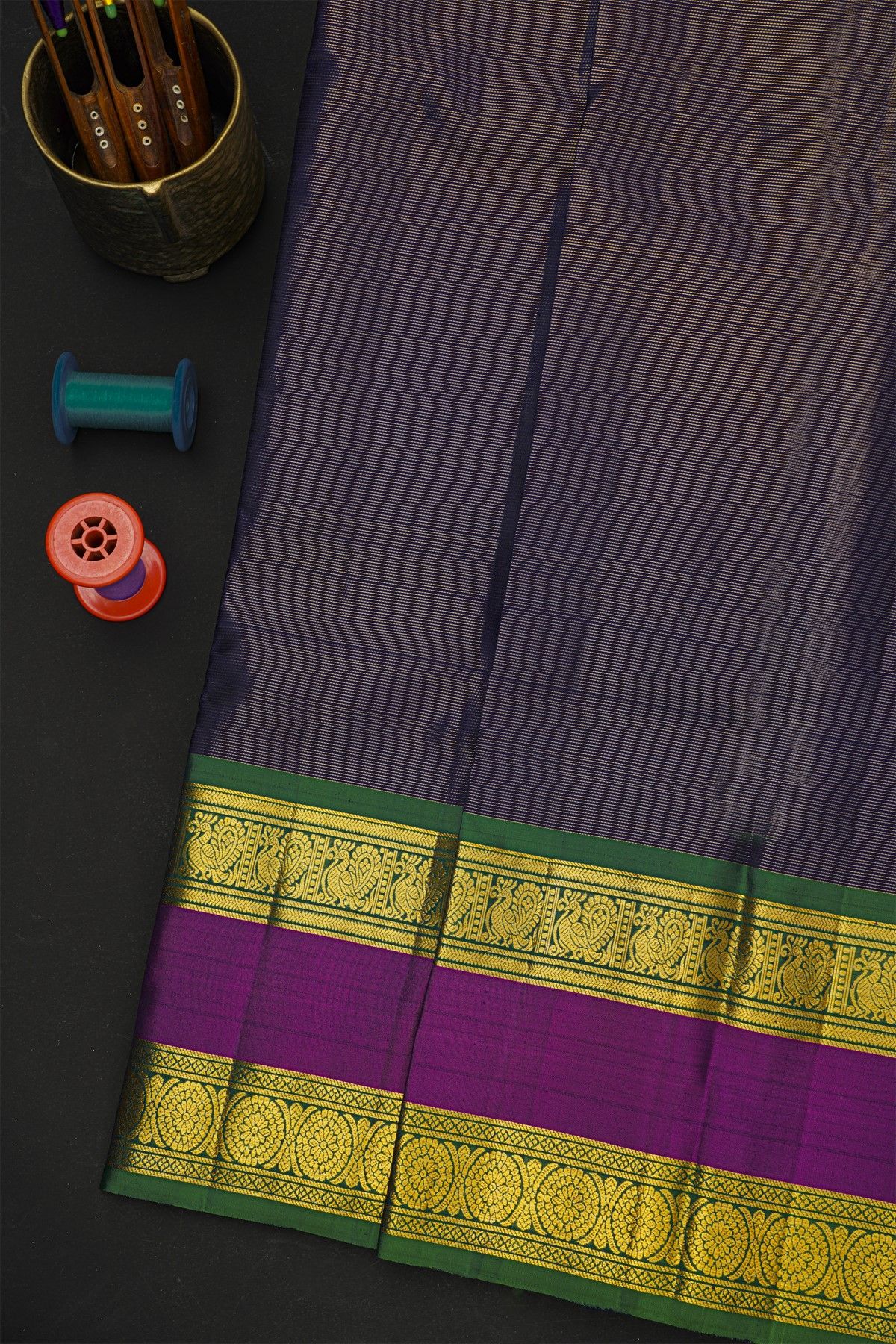 Kancheepuram Silk Navy Blue Saree With Zari Lines Body And Gap Border