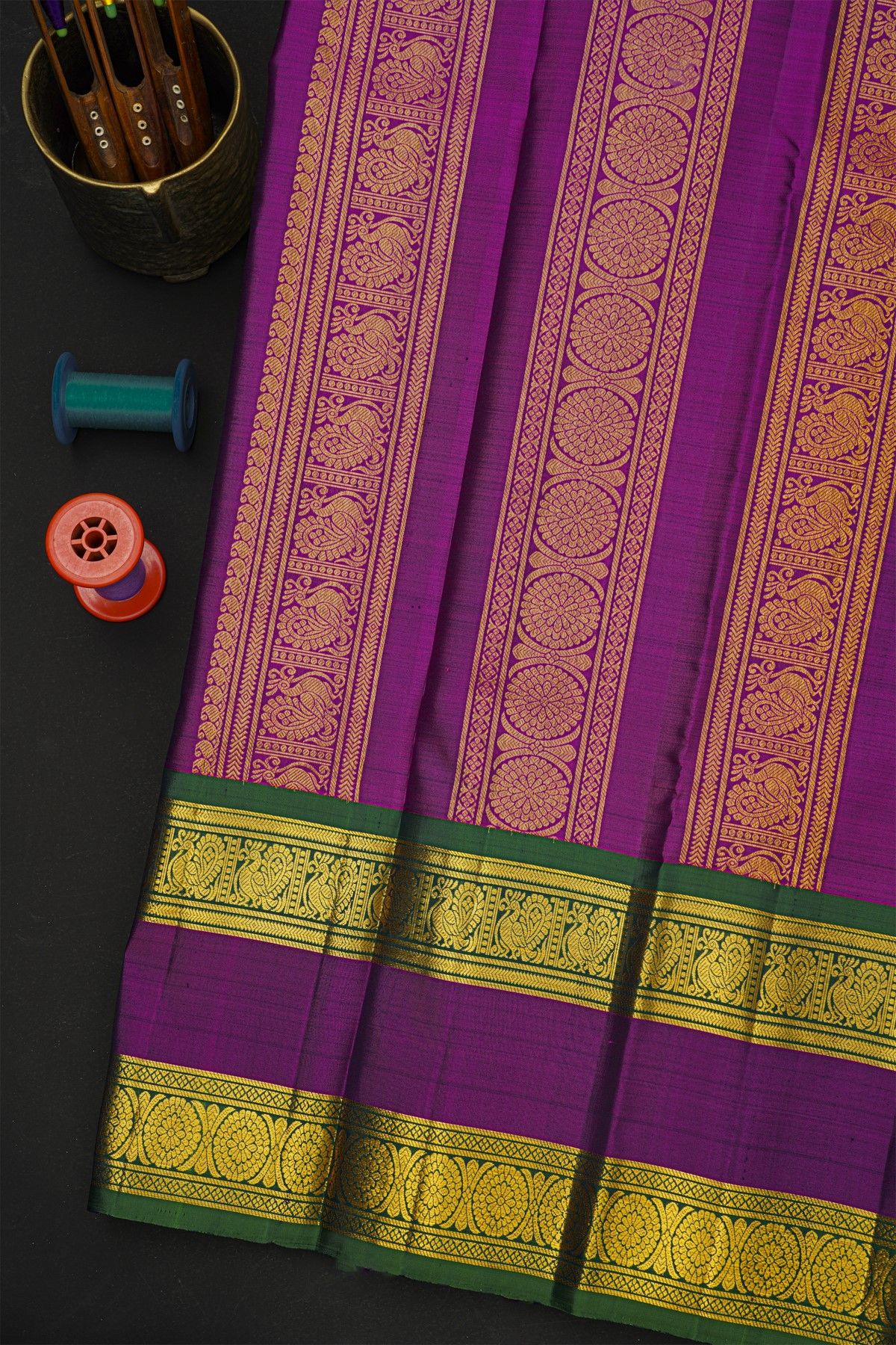 Kancheepuram Silk Navy Blue Saree With Zari Lines Body And Gap Border