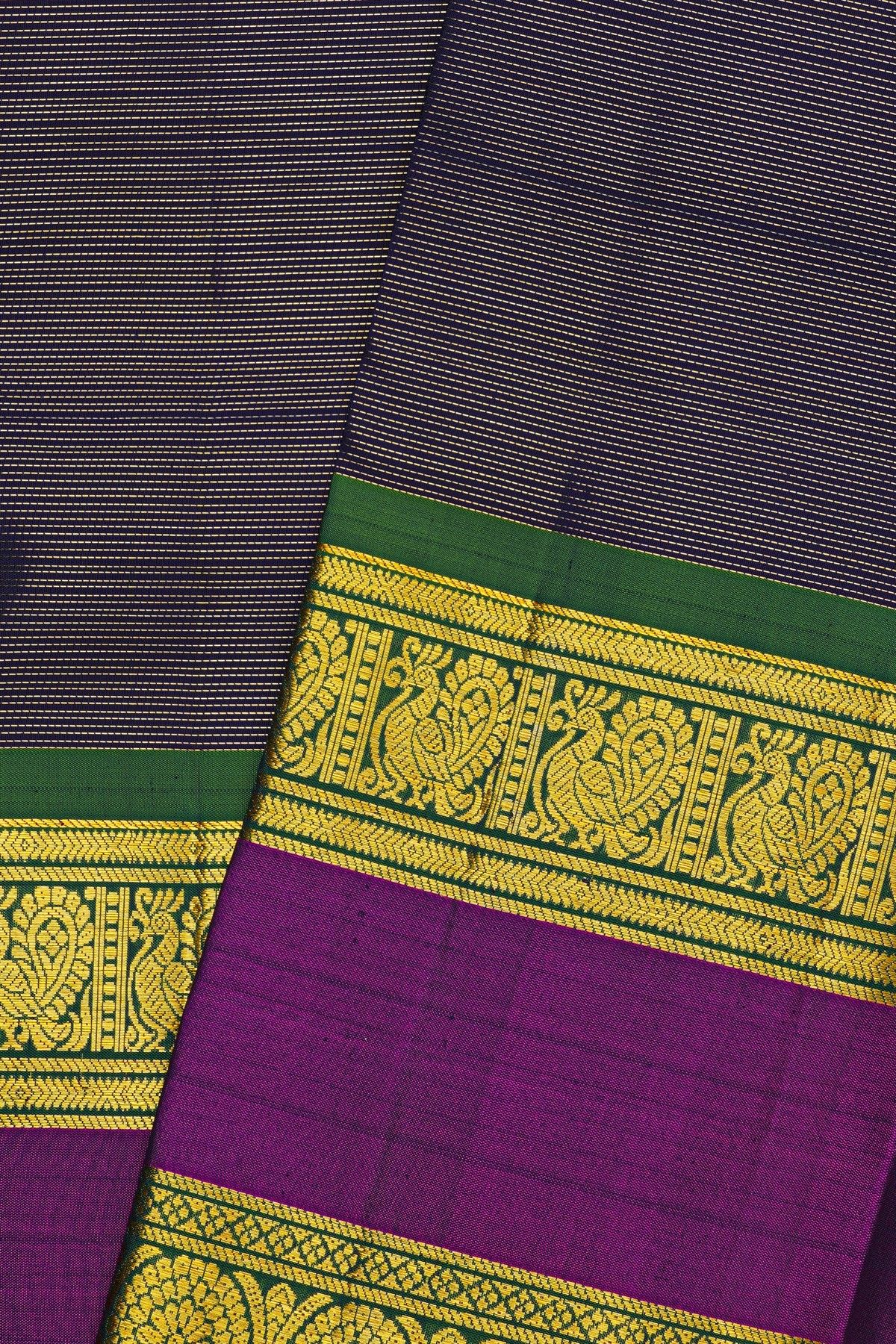 Kancheepuram Silk Navy Blue Saree With Zari Lines Body And Gap Border
