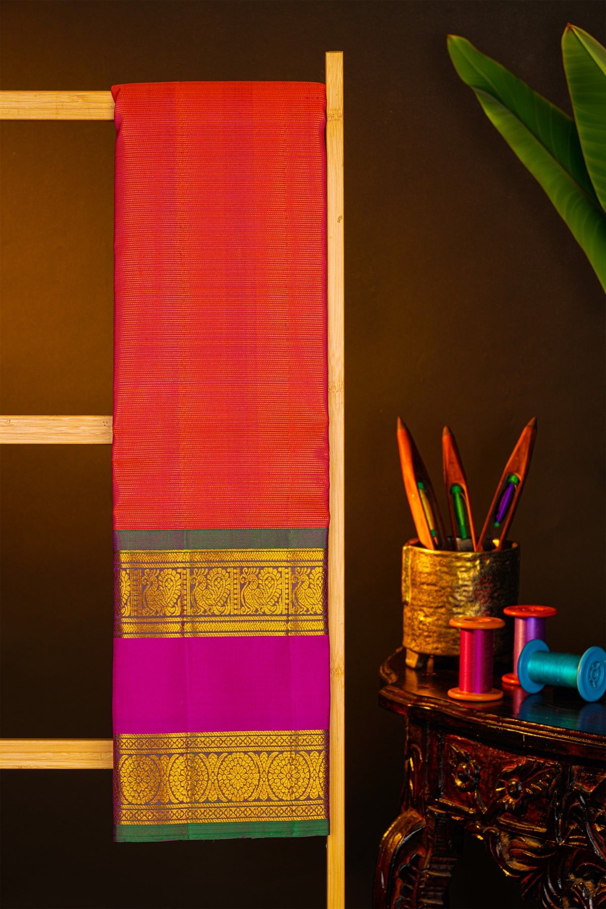 Kancheepuram Silk Orange Saree With Florals And Peacocks Buttis Gap Border