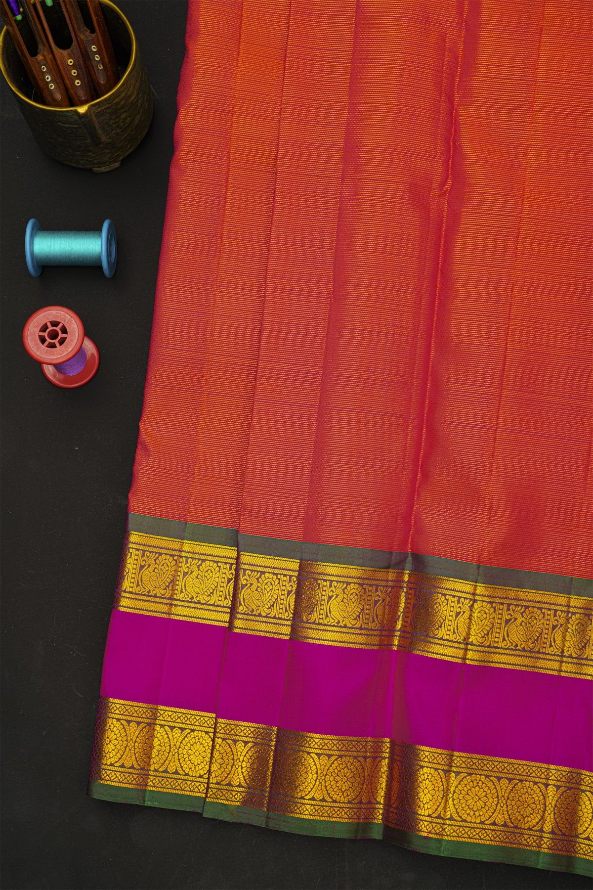 Kancheepuram Silk Orange Saree With Florals And Peacocks Buttis Gap Border
