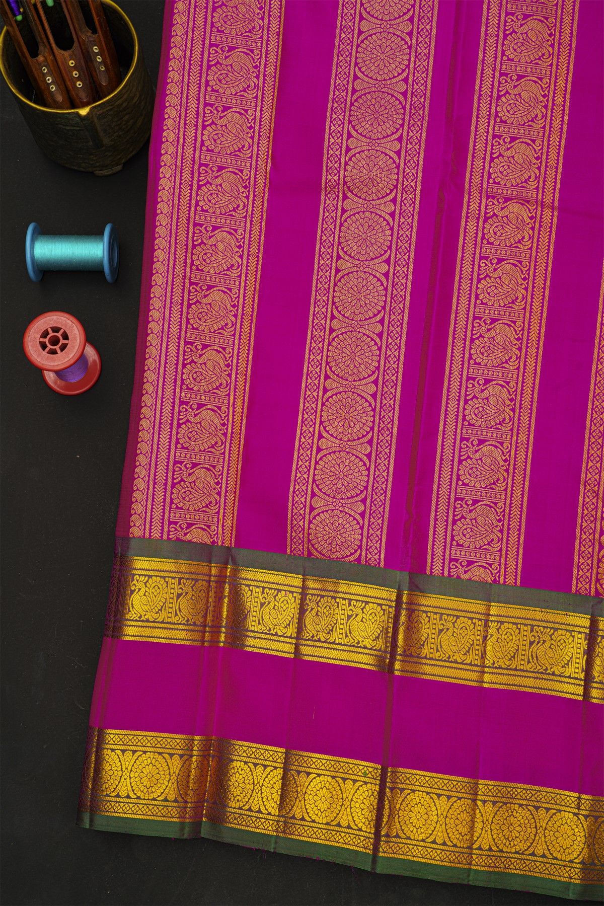 Kancheepuram Silk Orange Saree With Florals And Peacocks Buttis Gap Border