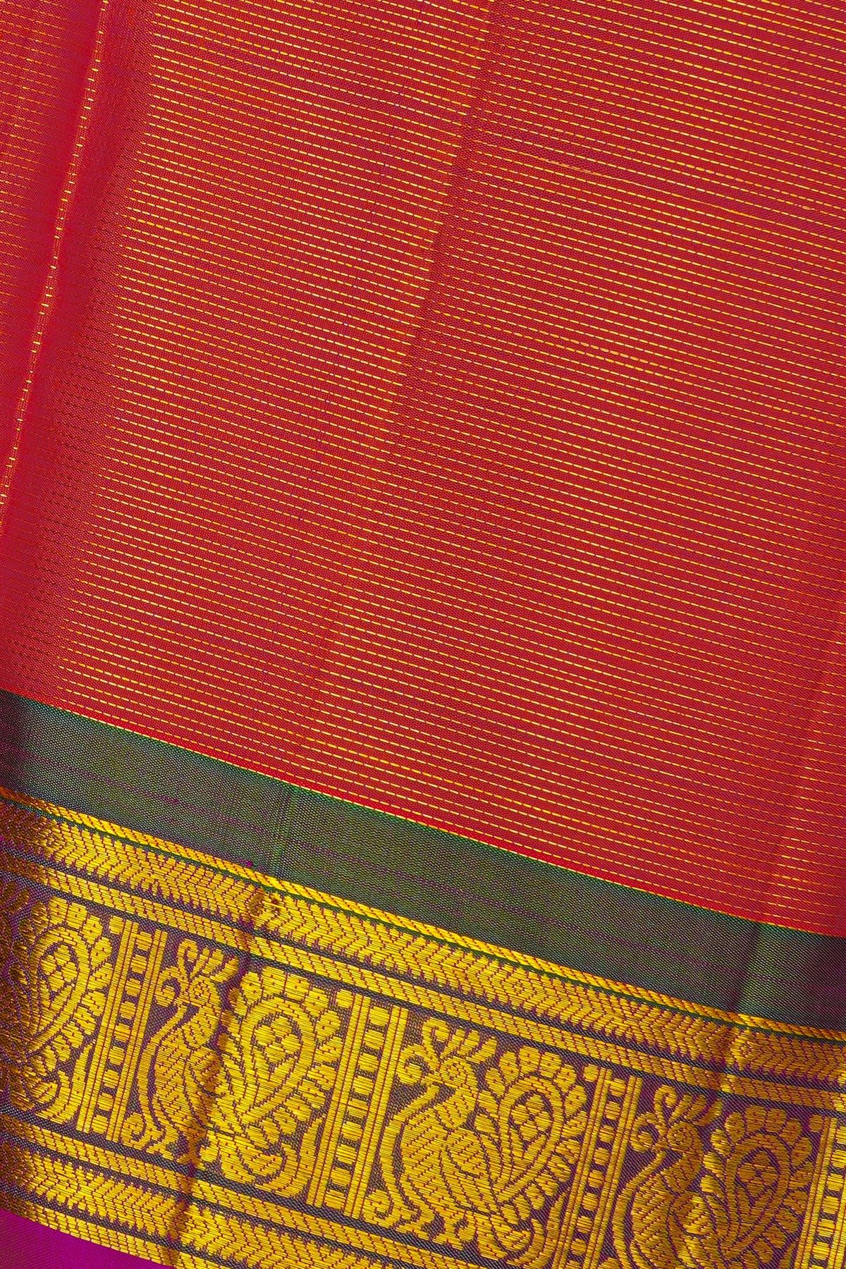 Kancheepuram Silk Orange Saree With Florals And Peacocks Buttis Gap Border