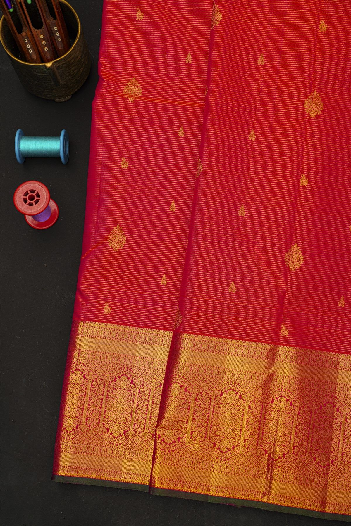 Kancheepuram Silk Red Saree With Florals And Leaves Border