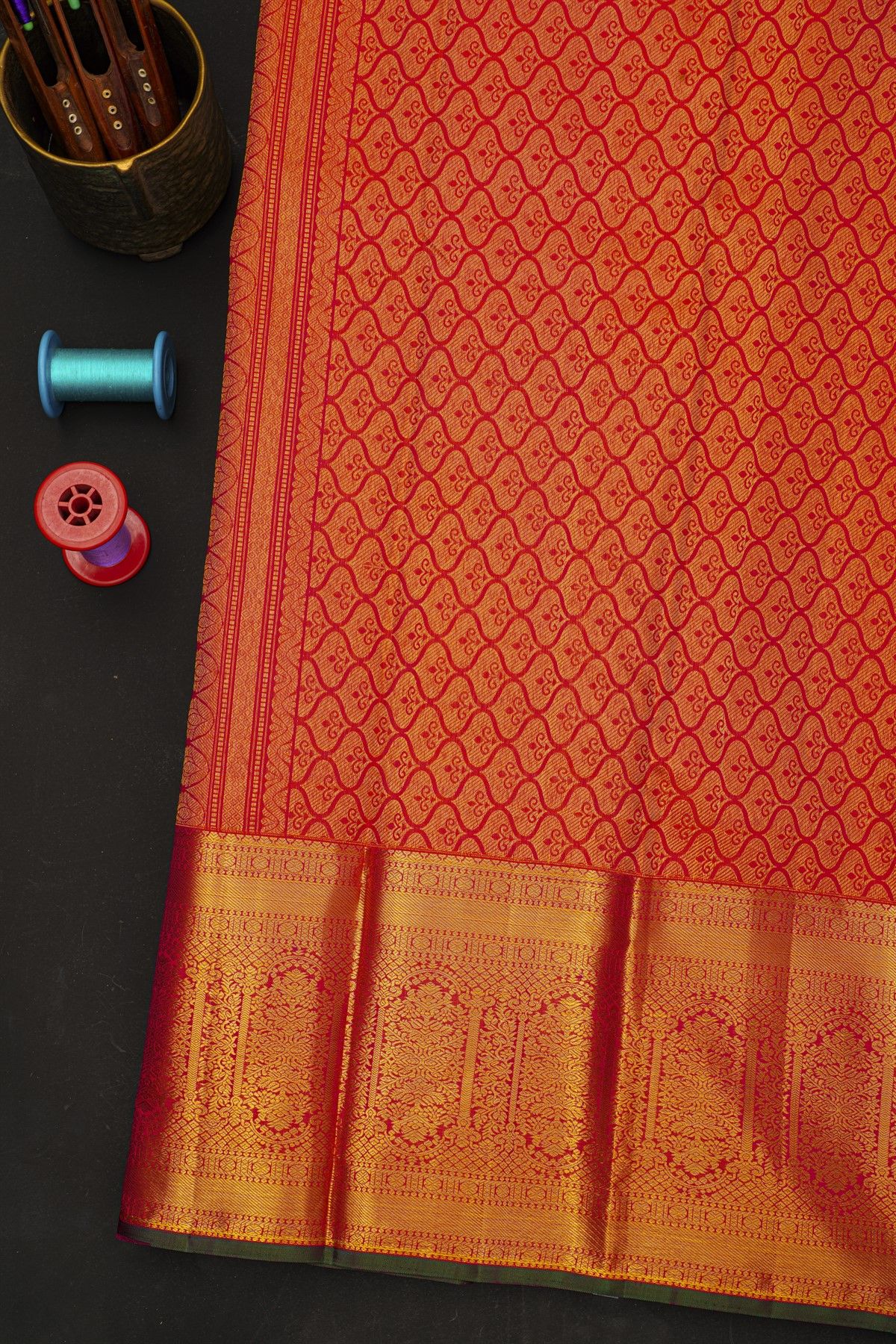 Kancheepuram Silk Red Saree With Florals And Leaves Border
