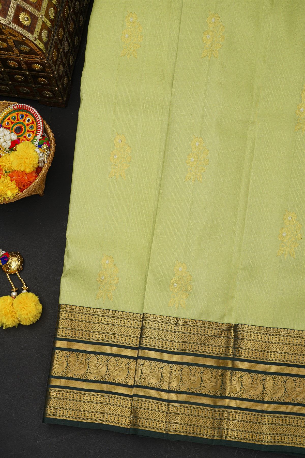 Kancheepuram Silk Light Green Saree With Florals And Peacocks Border