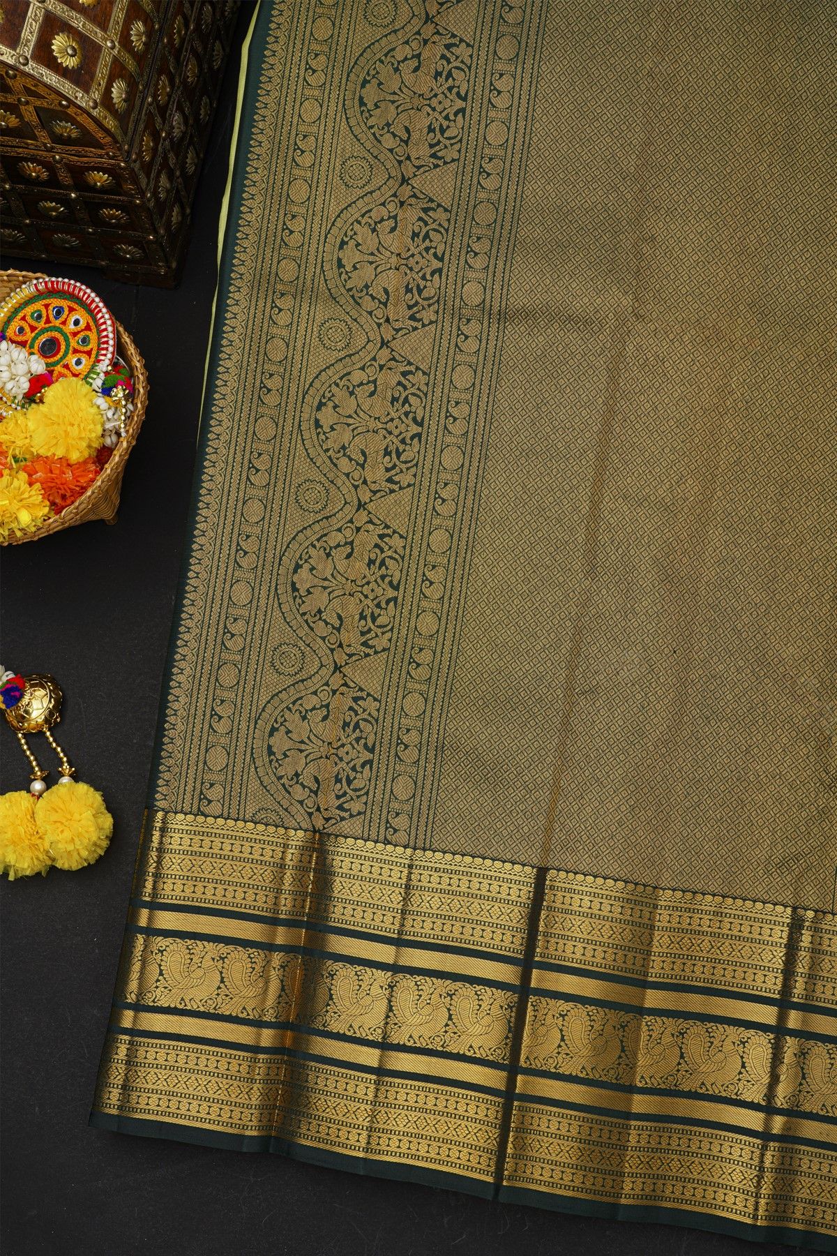 Kancheepuram Silk Light Green Saree With Florals And Peacocks Border
