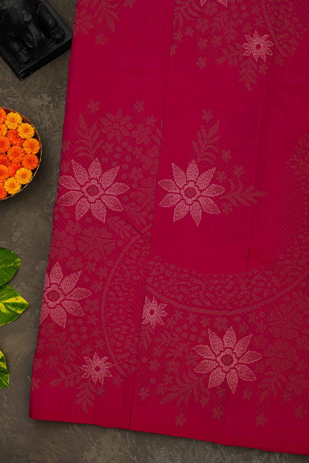 Kancheepuram Silk Rani Pink Saree With Florals And Leaves Body