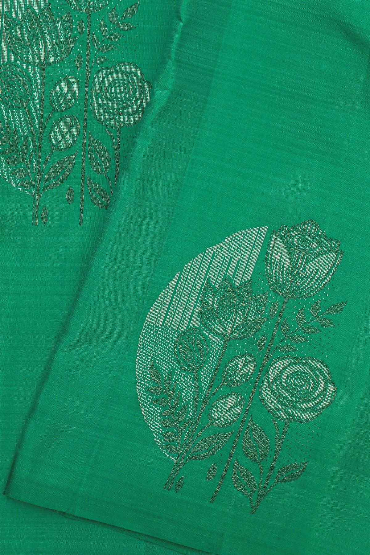 Kancheepuram Silk Leaf Green Saree With Florals And Leaves Body