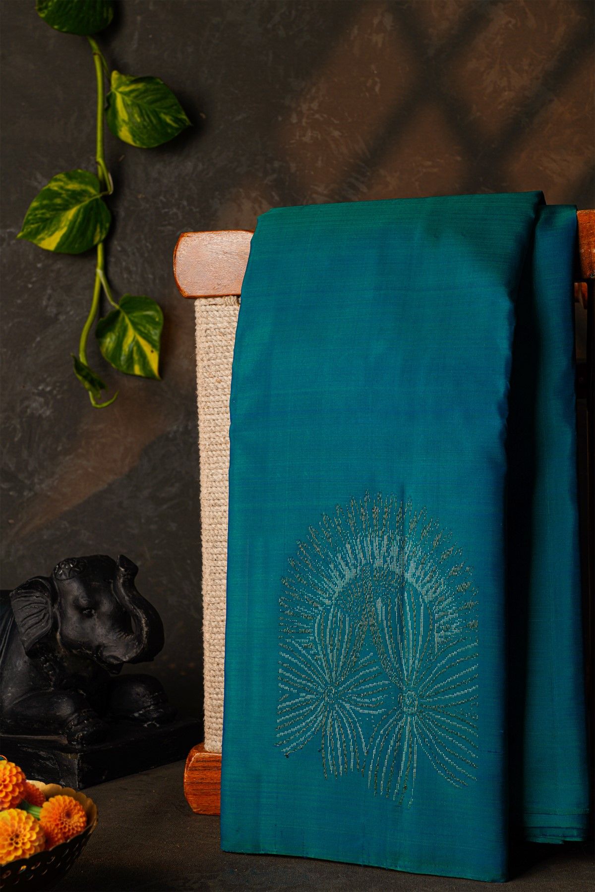 Kancheepuram Silk Peacock Blue Saree With Florals And Geometric Buttis Body
