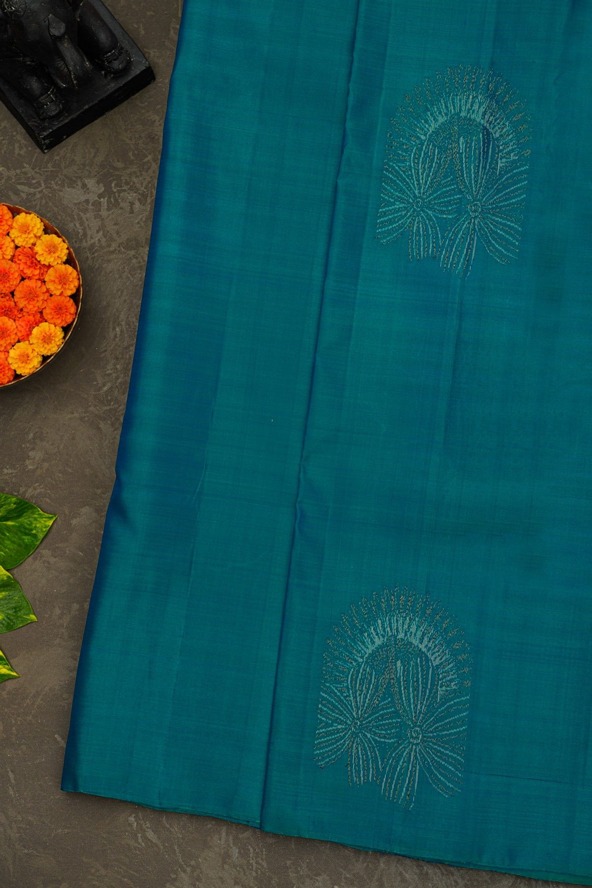 Kancheepuram Silk Peacock Blue Saree With Florals And Geometric Buttis Body