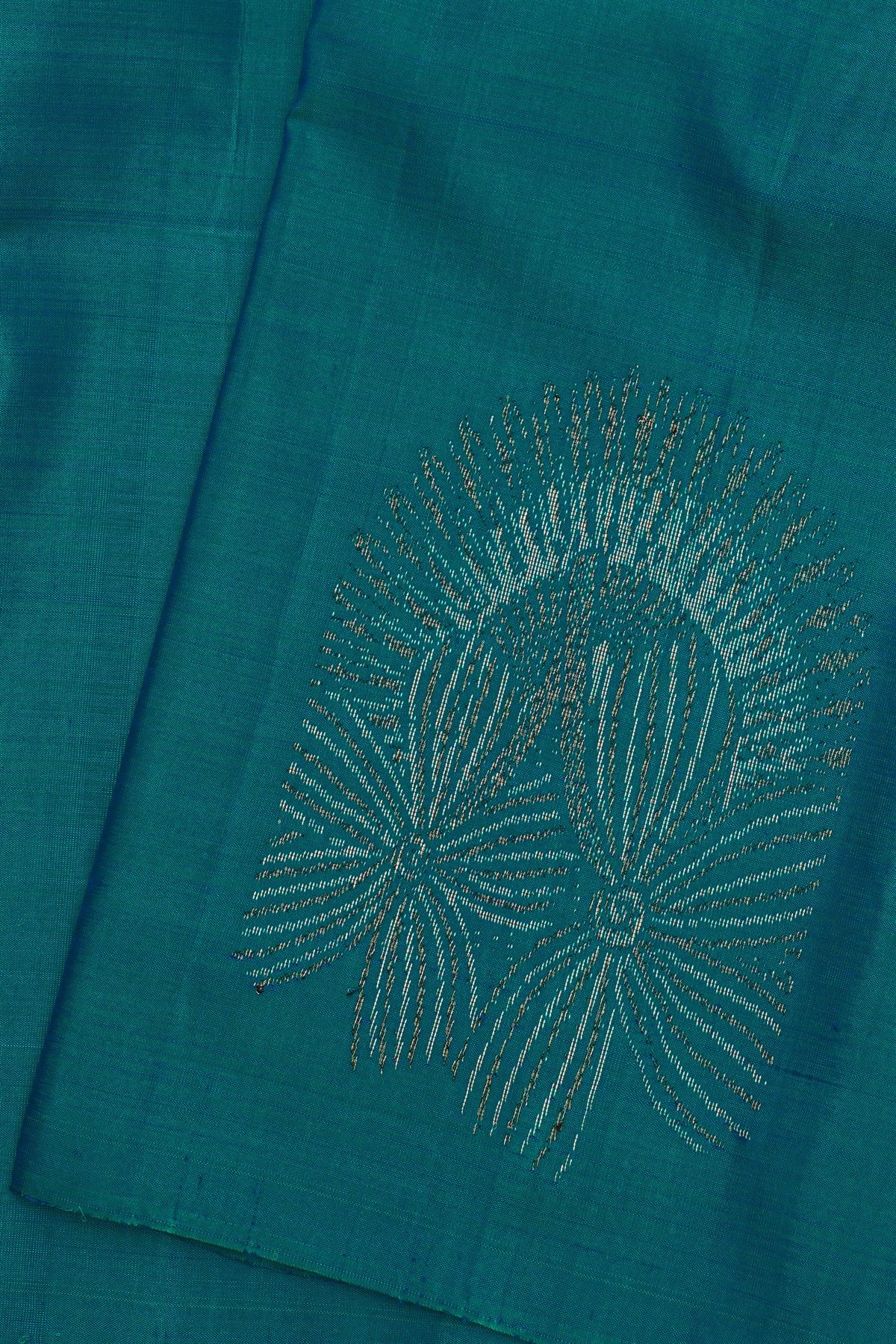 Kancheepuram Silk Peacock Blue Saree With Florals And Geometric Buttis Body