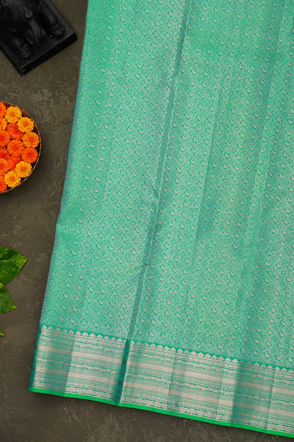 Kancheepuram Silk Mint Green Saree With Florals And Paisleys In Jaal Border