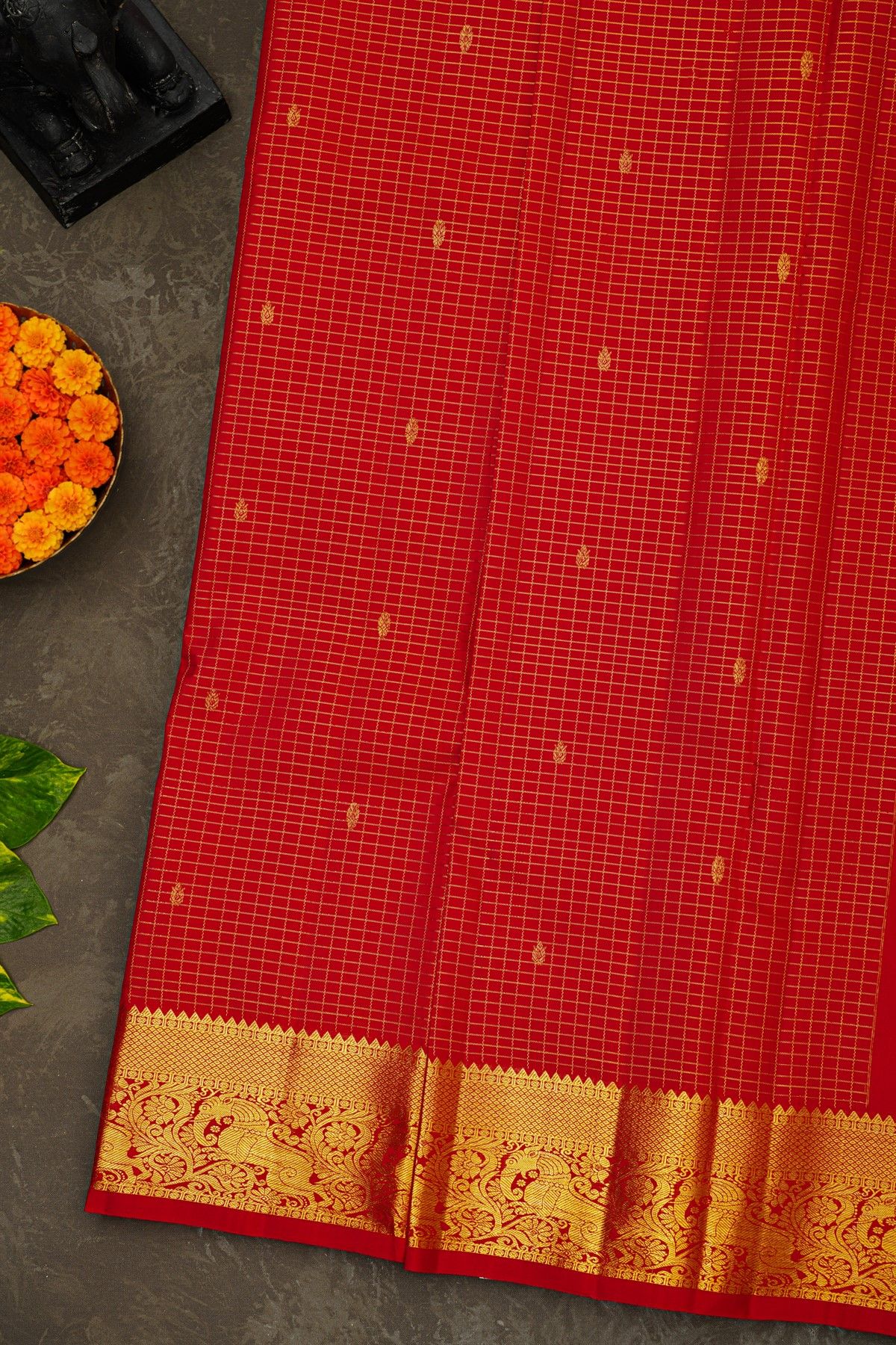 Kancheepuram Silk Red Saree With Zari Checks Florals Leaves And Yalli Border