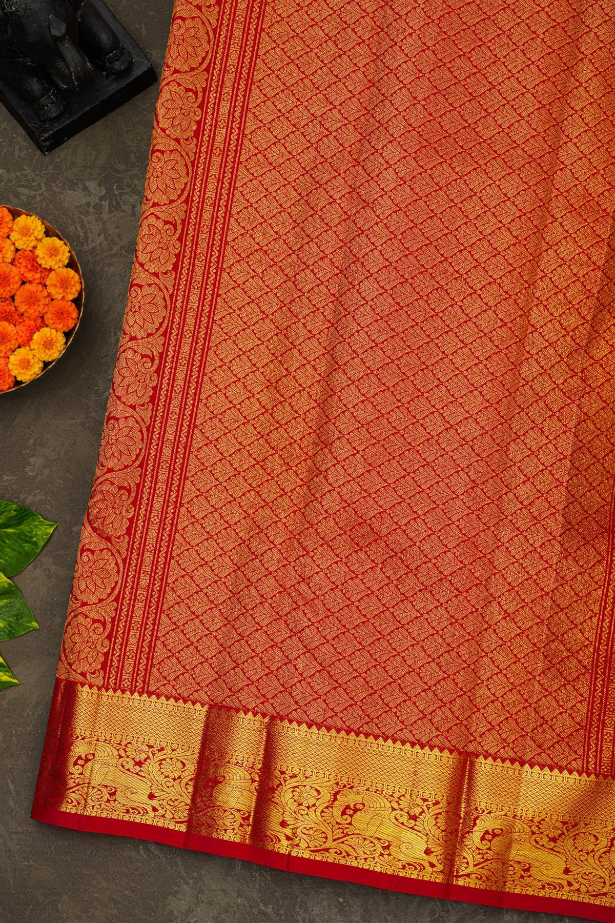 Kancheepuram Silk Red Saree With Zari Checks Florals Leaves And Yalli Border